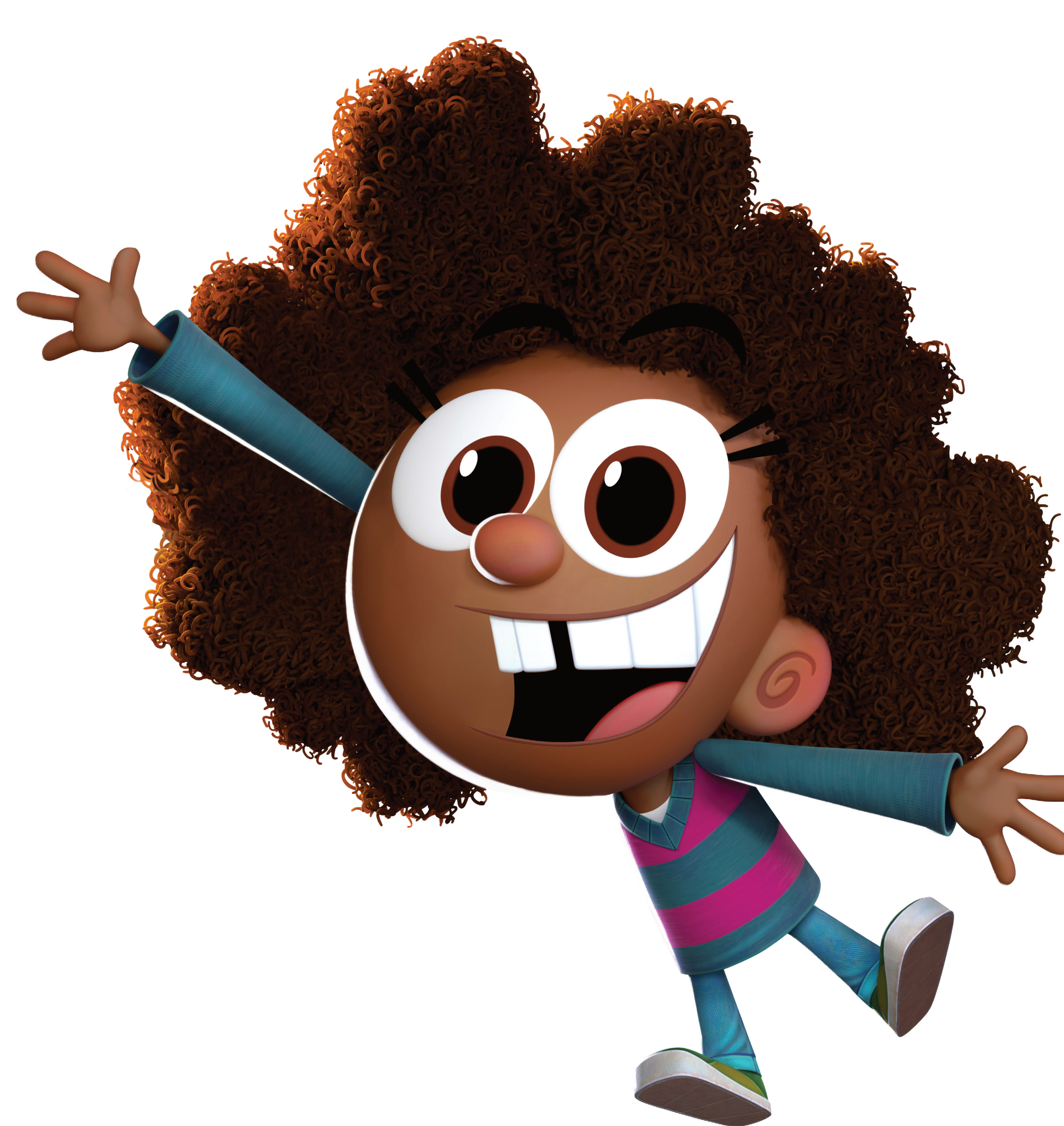 An animated character of a young African American girl with frizzy brown hair, a wide smile, and an energetic pose.