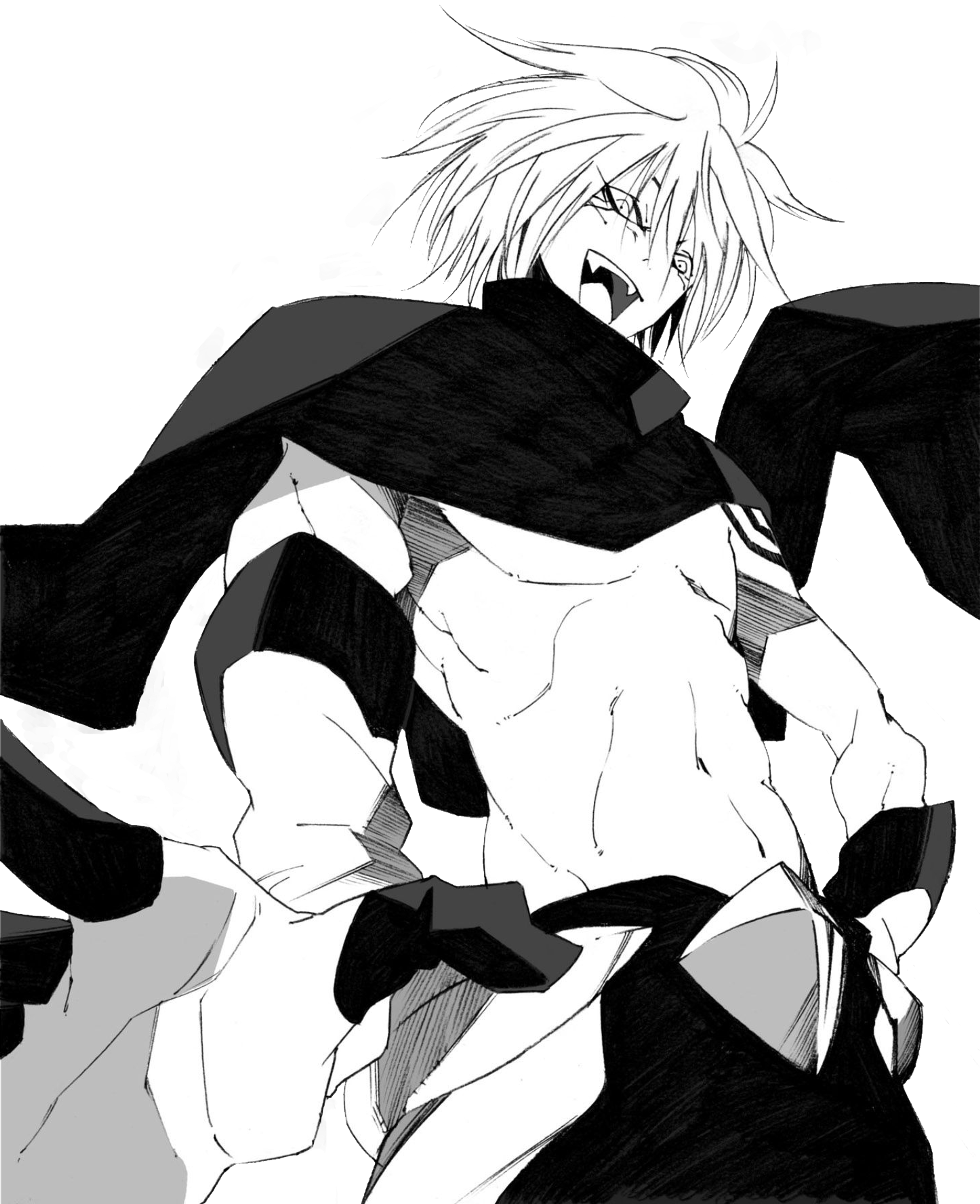 An anime-style character with blonde hair and golden eyes, wearing a black outfit that exposes their chest and abdomen.