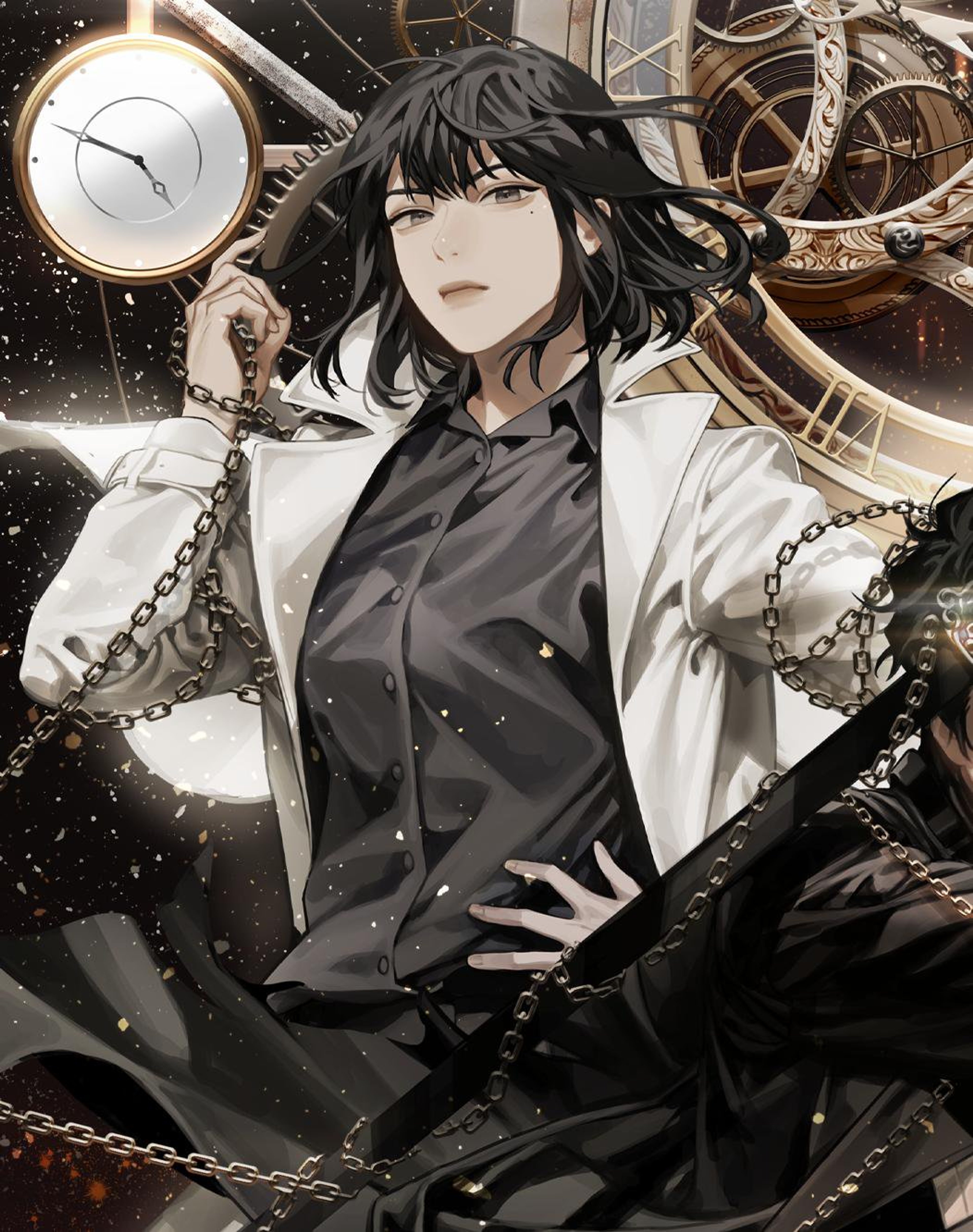 A young woman with dark hair wearing a black outfit surrounded by mechanical elements