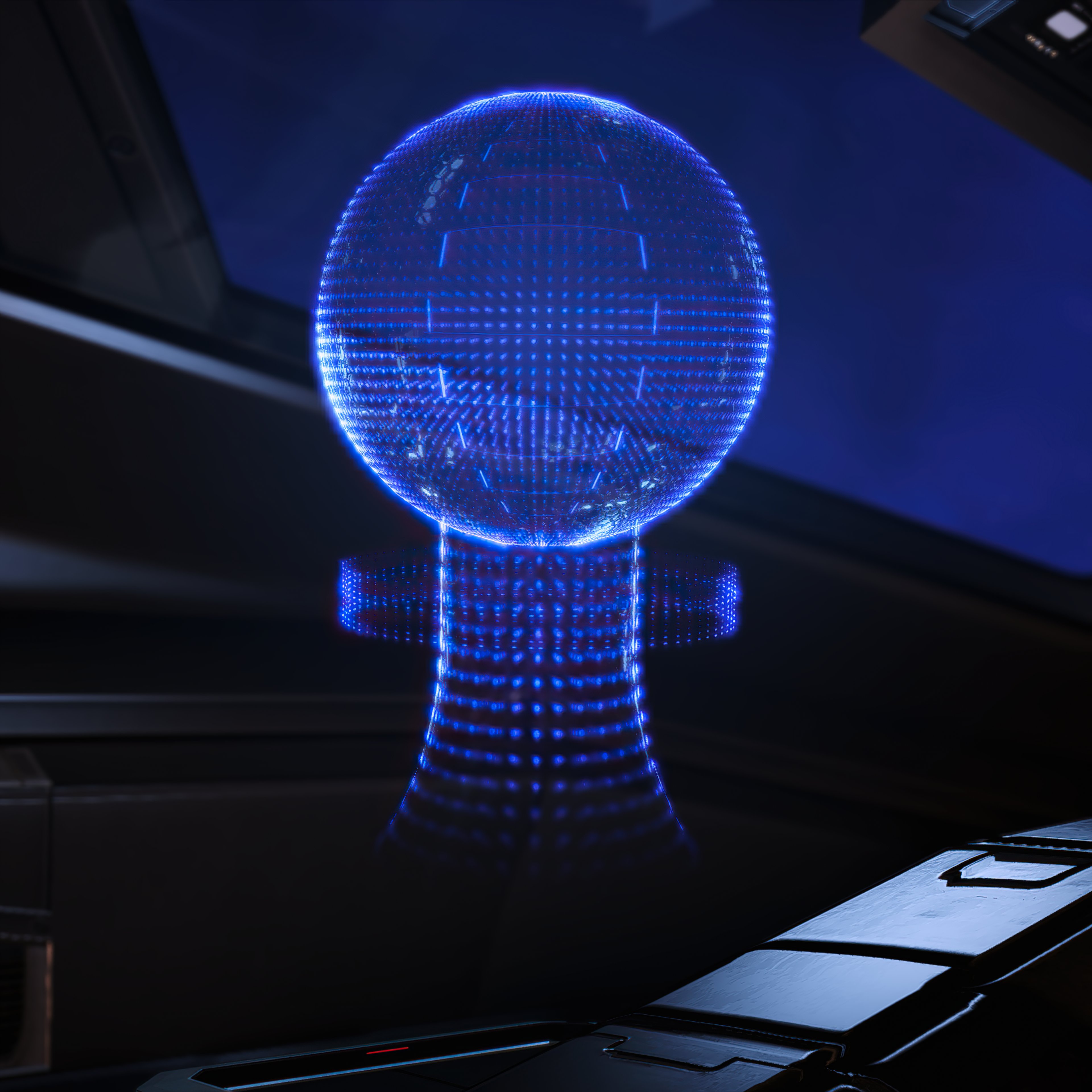 A detailed holographic display of a futuristic spherical interface or control panel