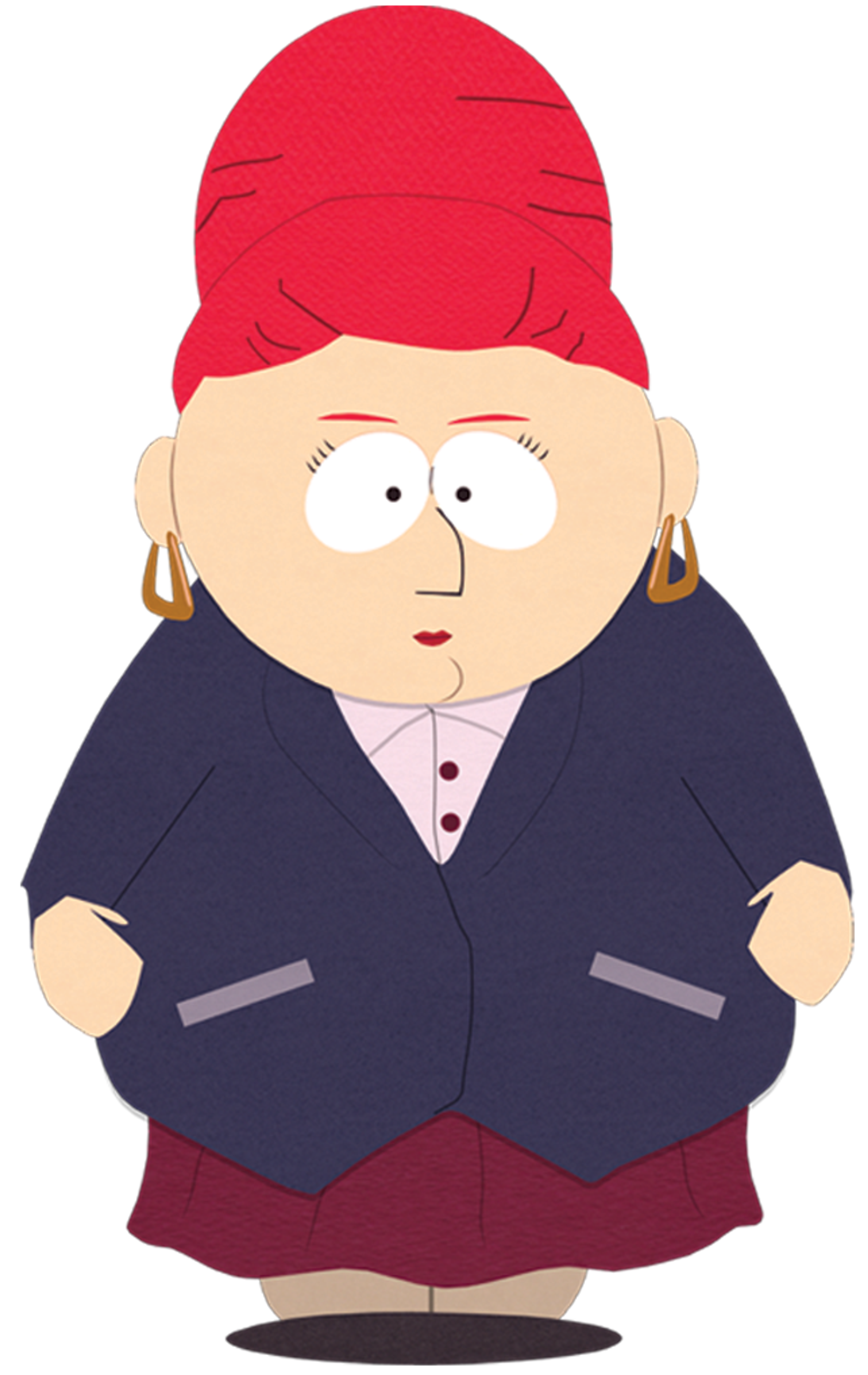 An animated character named Sheila Broflovski, a middle-aged, overweight woman with red beehive hair, wearing a navy blue suit jacket and pink blouse.