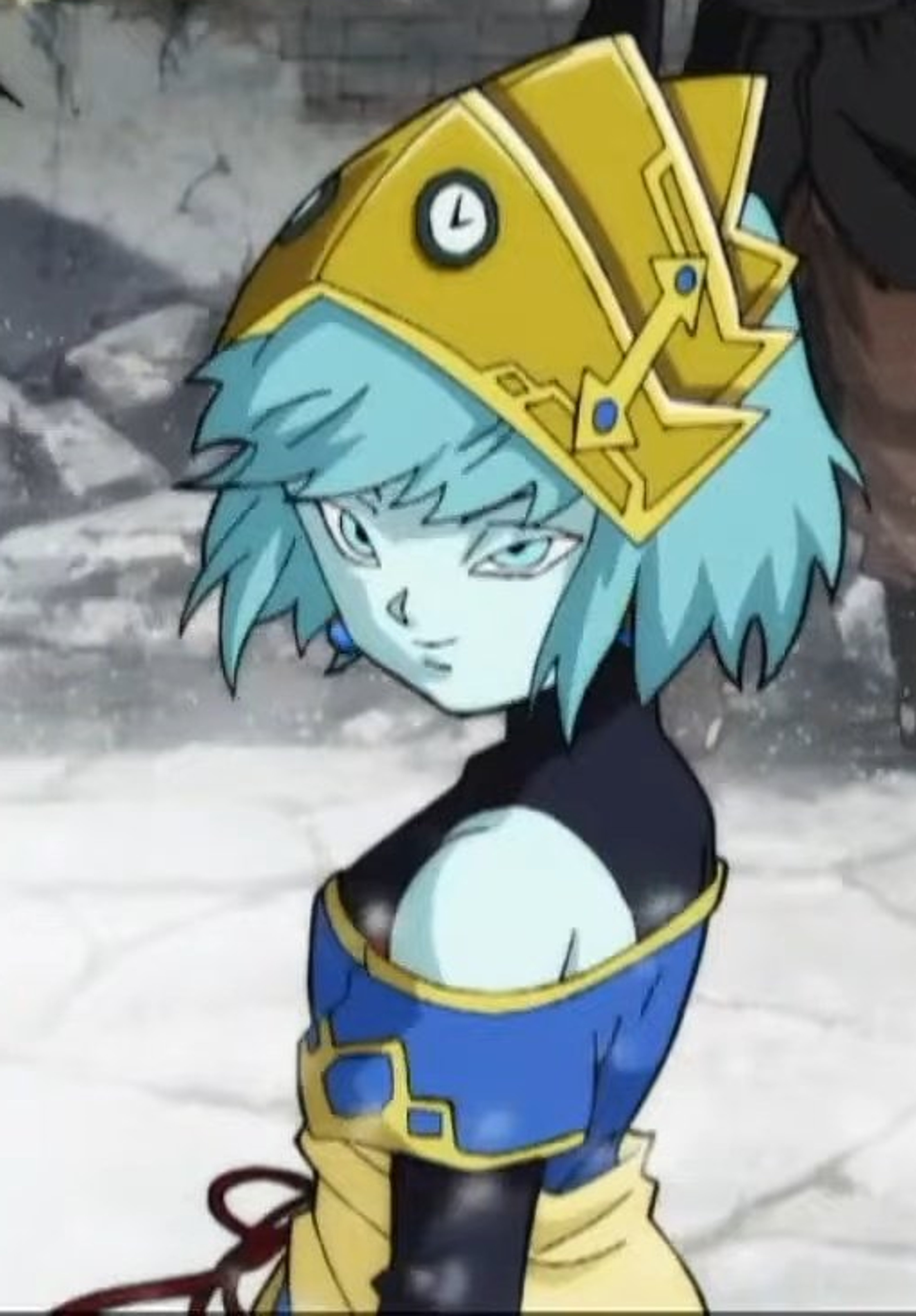 An anime-style character with blue hair and a serious expression, wearing a blue and gold outfit.