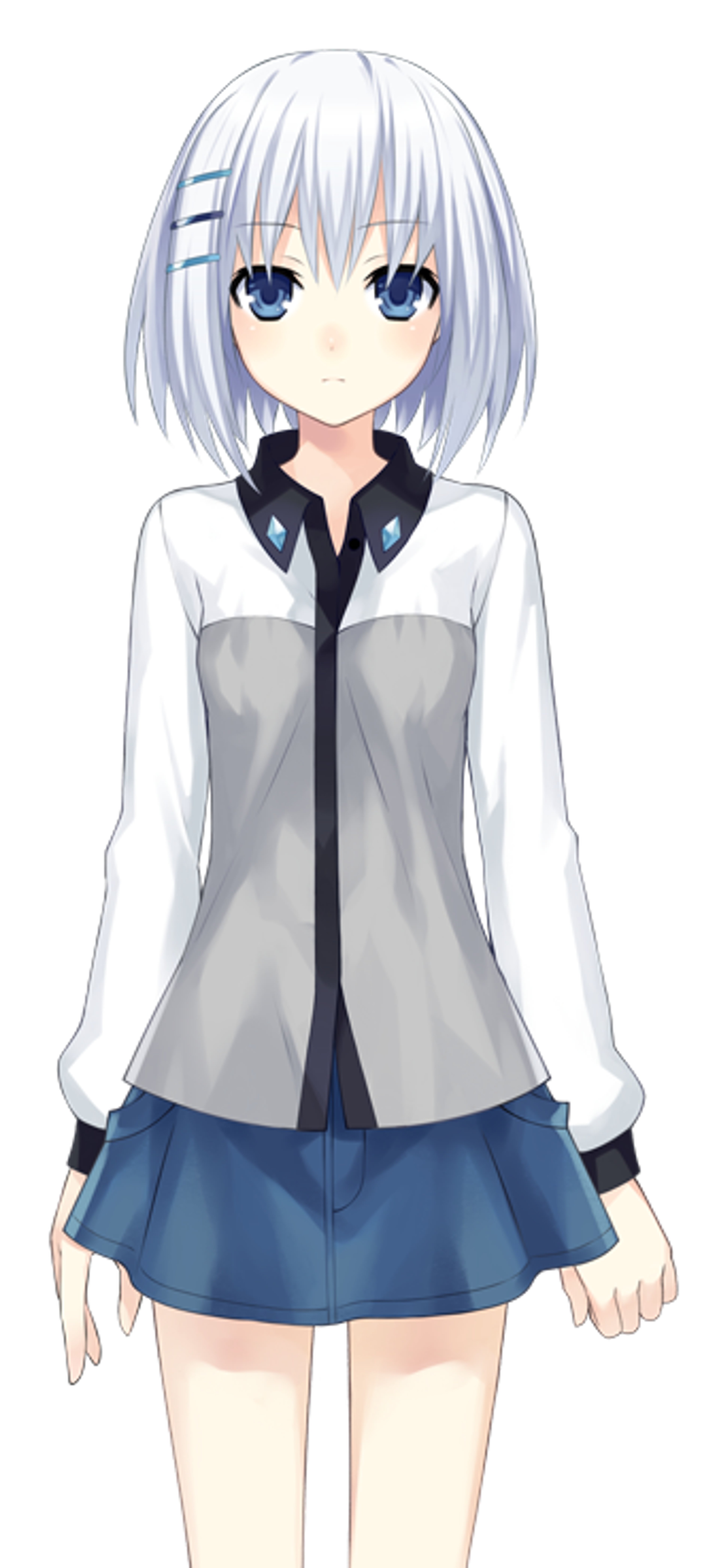 An anime-style character with white hair and blue eyes wearing a white shirt and blue skirt