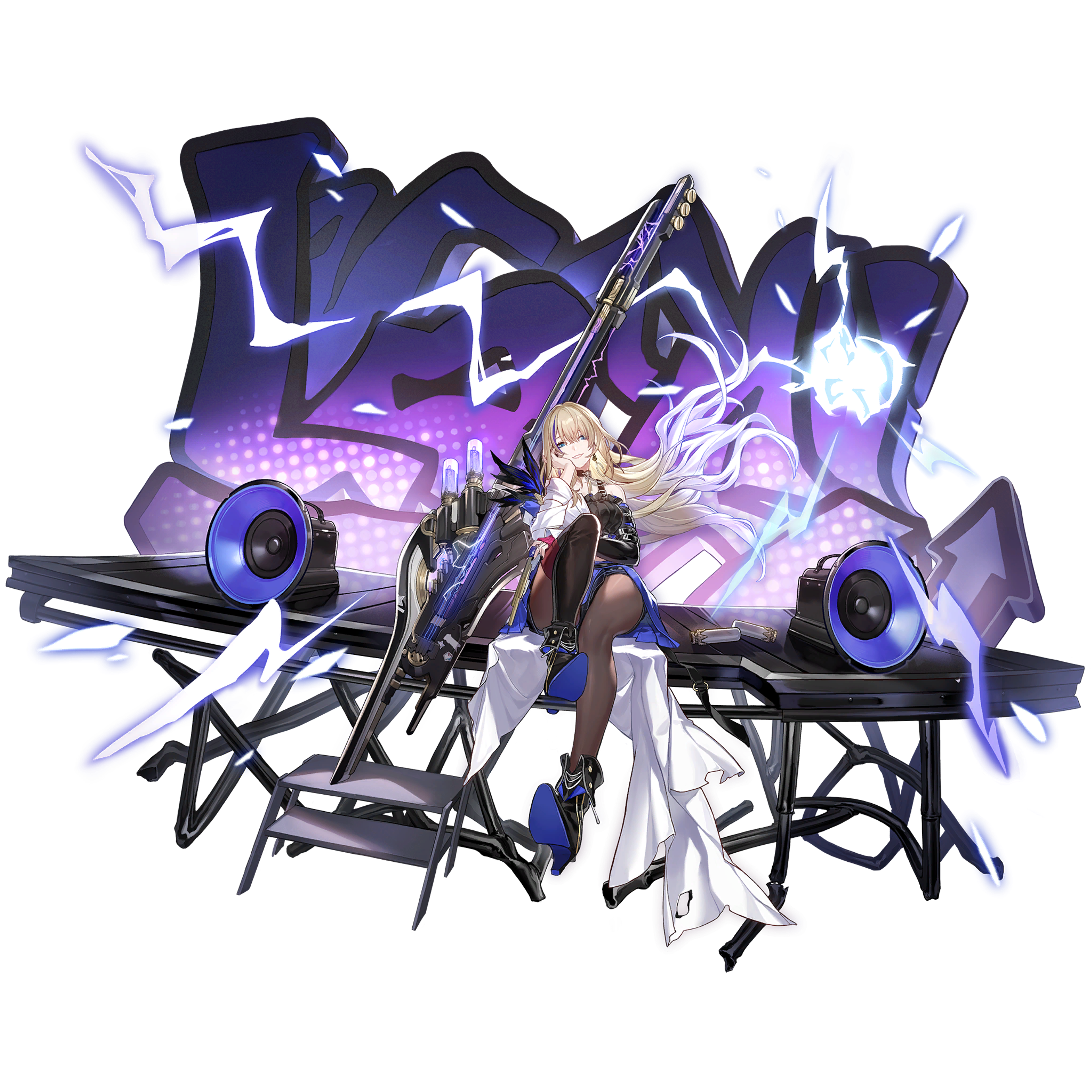 A young woman with blonde hair sitting at a futuristic control panel, with a confident and rebellious expression.