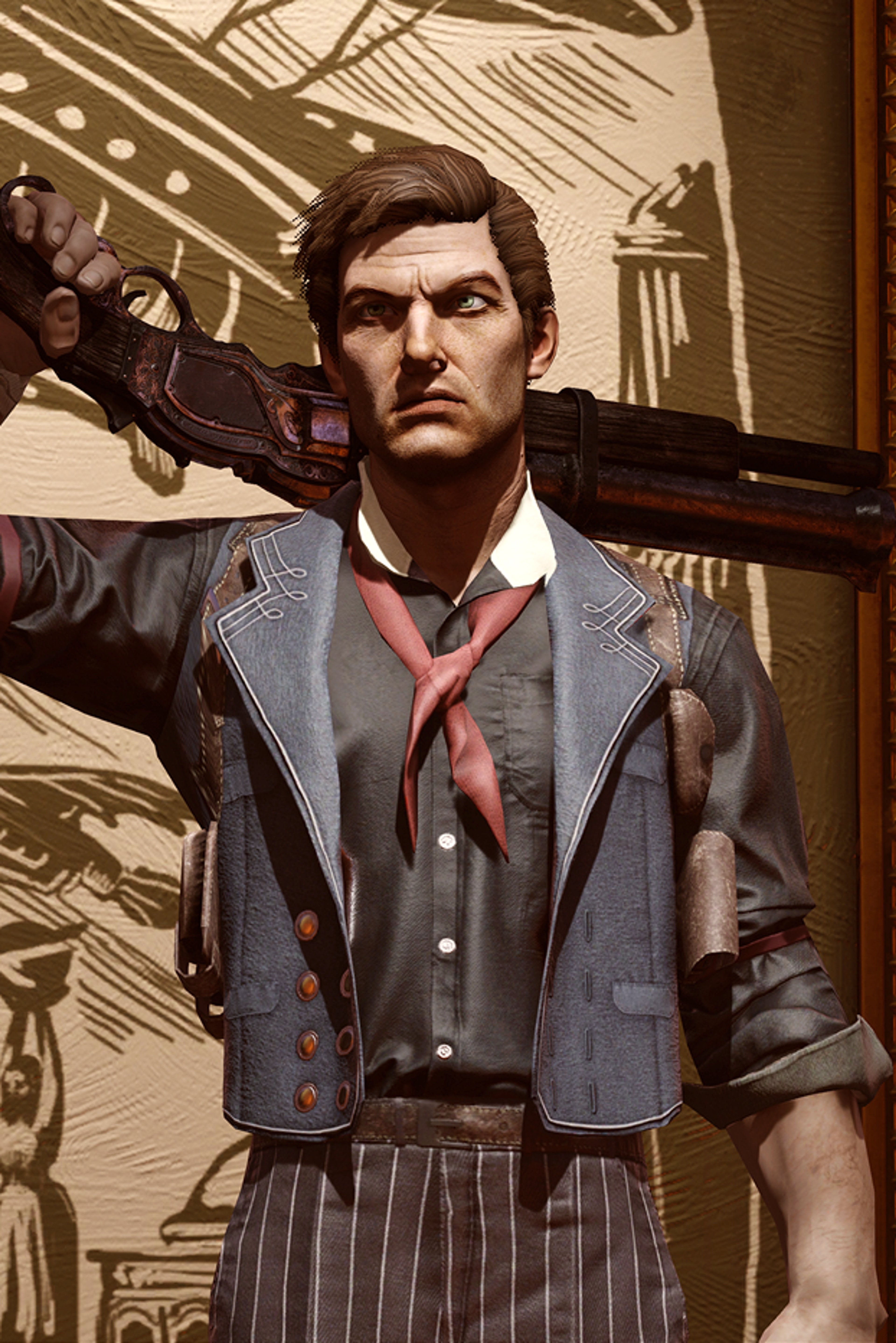 A man in a gray suit holding a weapon or tool in a steampunk-inspired environment