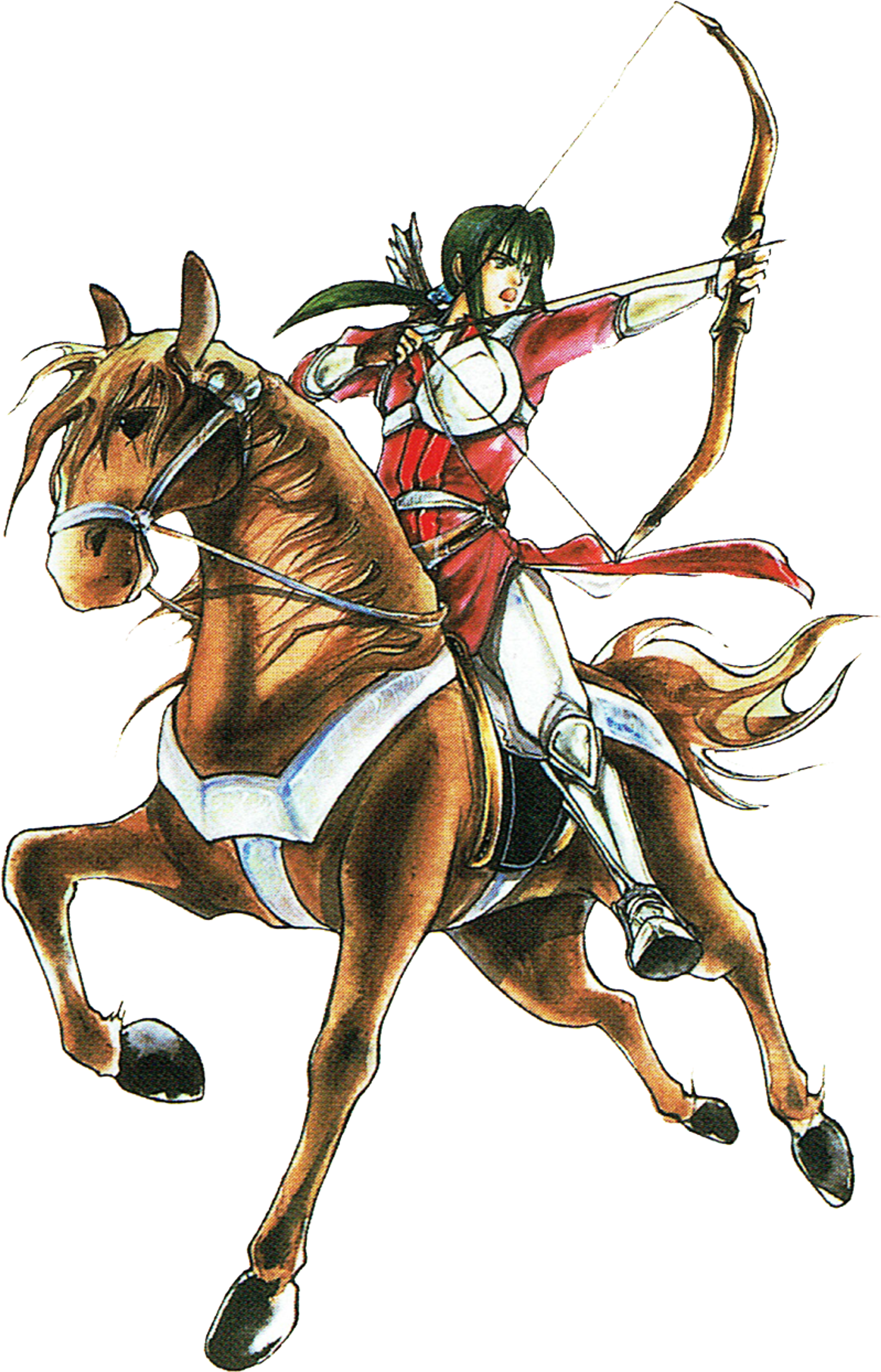 An illustration of a fantasy archer knight named Midir riding a horse and wielding a bow and arrow.