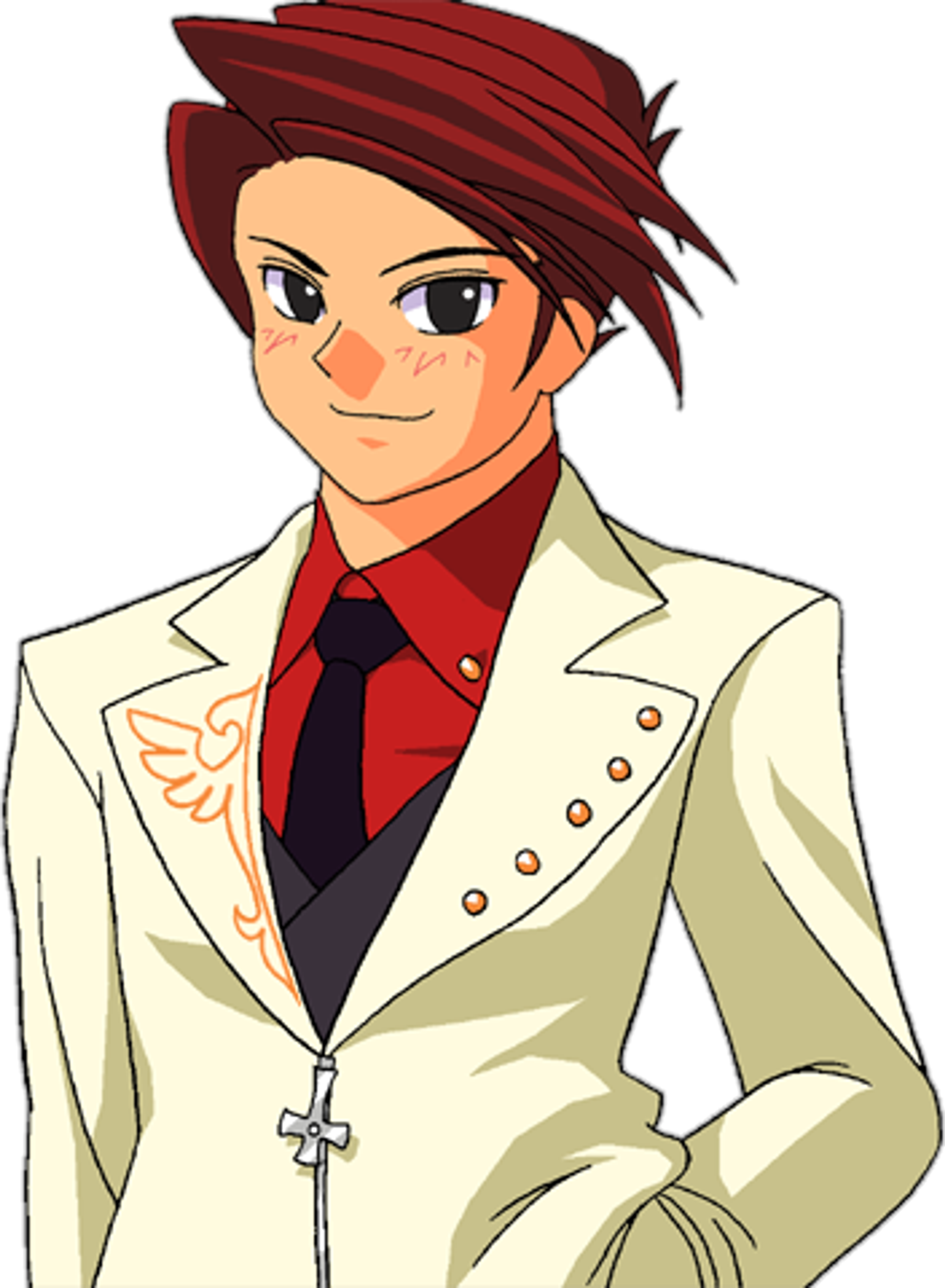 A young man with red hair wearing a white suit and red tie