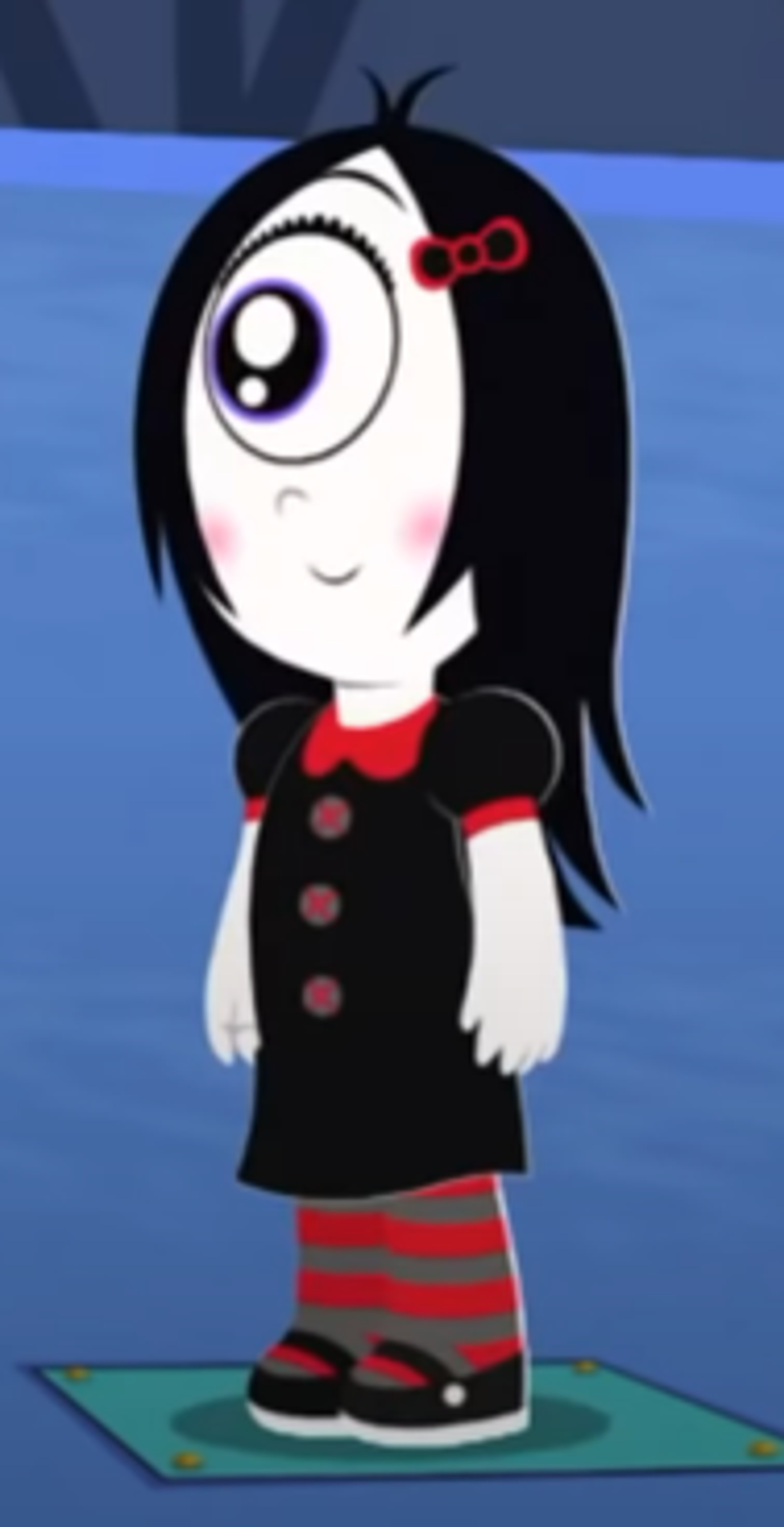 Iris, a cyclops girl with black hair and a red bow