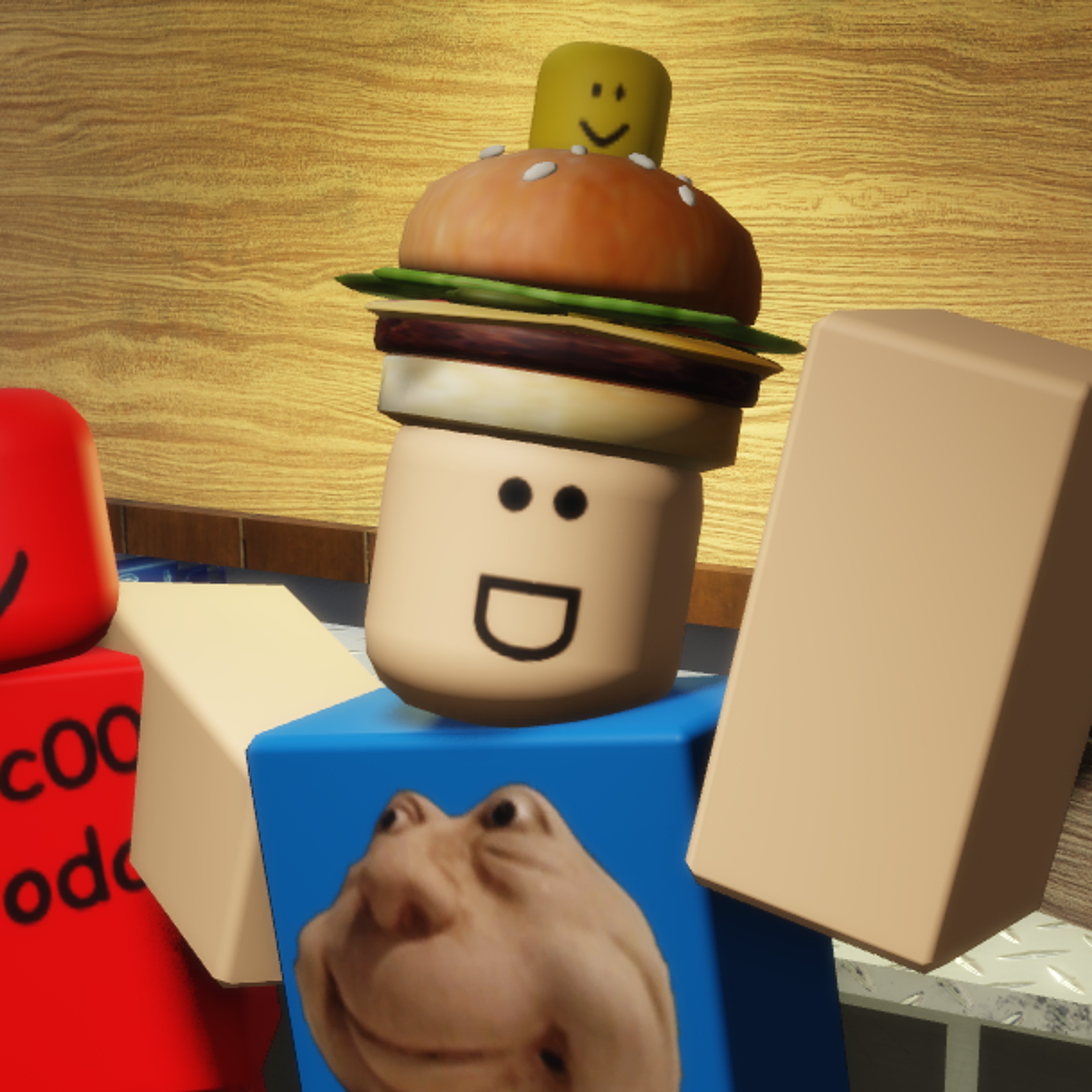 A Roblox avatar character with a Burger hat, noob head, blue torso, and black legs, with a nervous expression on their face.