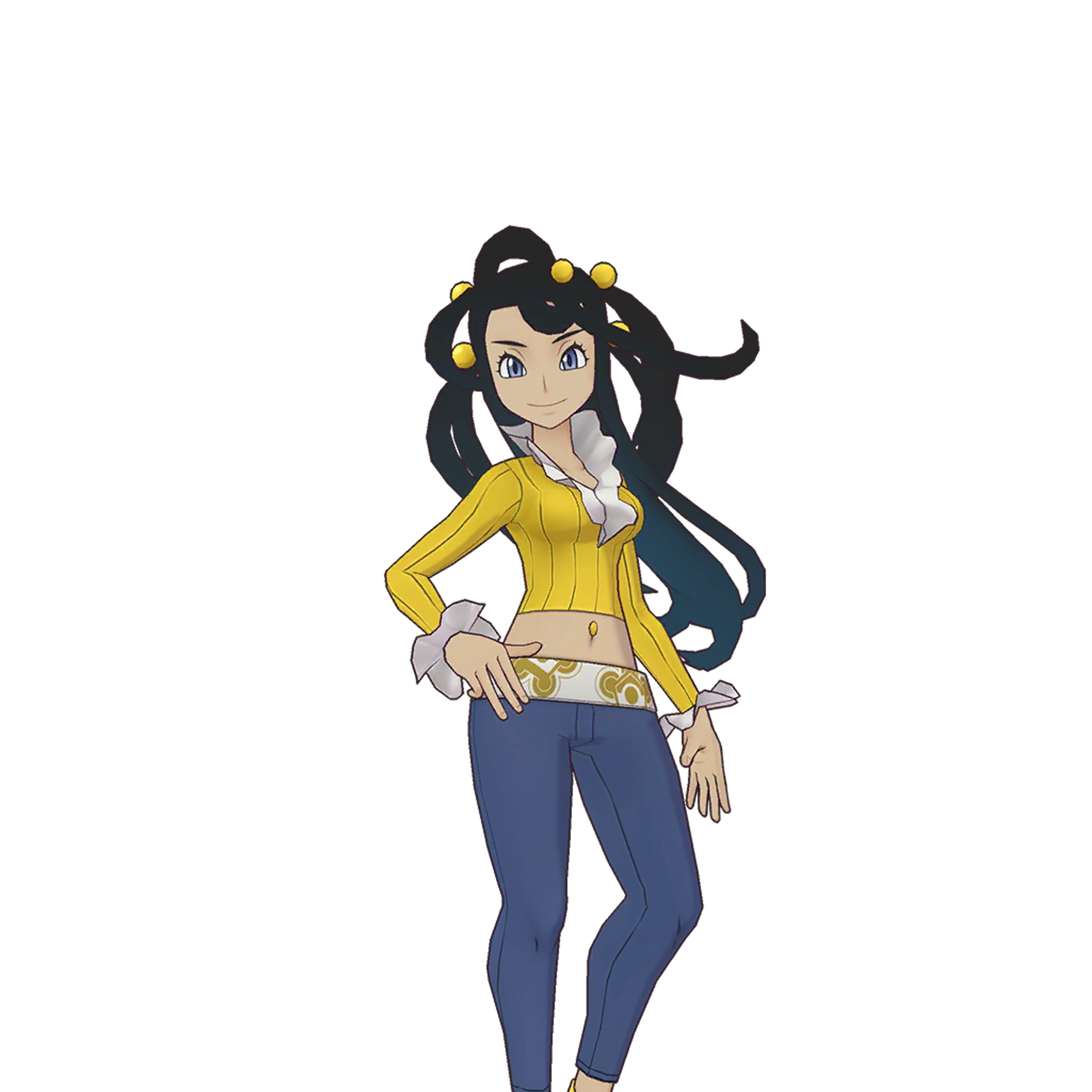 An anime-style Pokémon Trainer character with long dark hair, wearing a yellow top and blue jeans, and having a confident expression.
