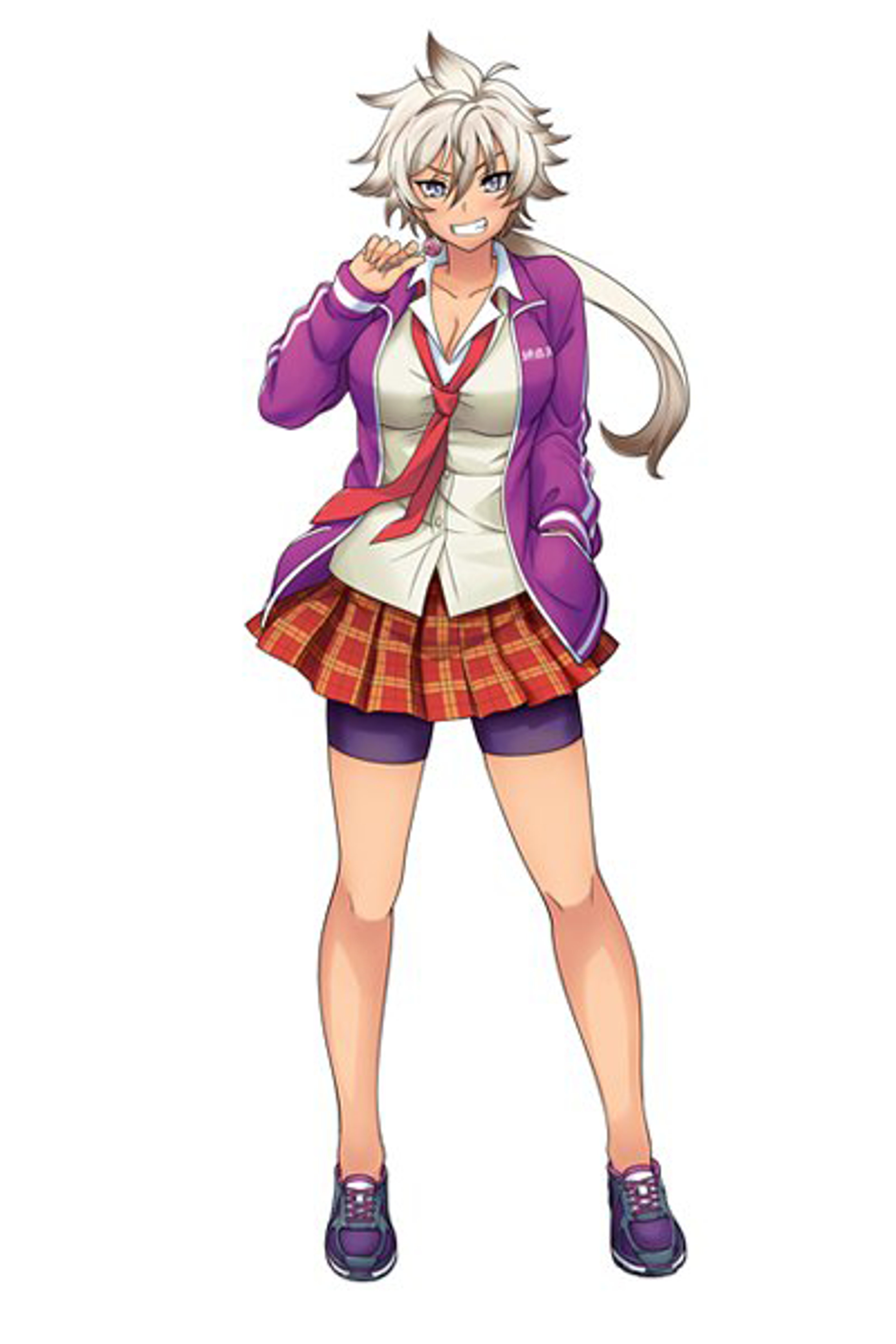 A young woman with white and brown hair in a fighting stance