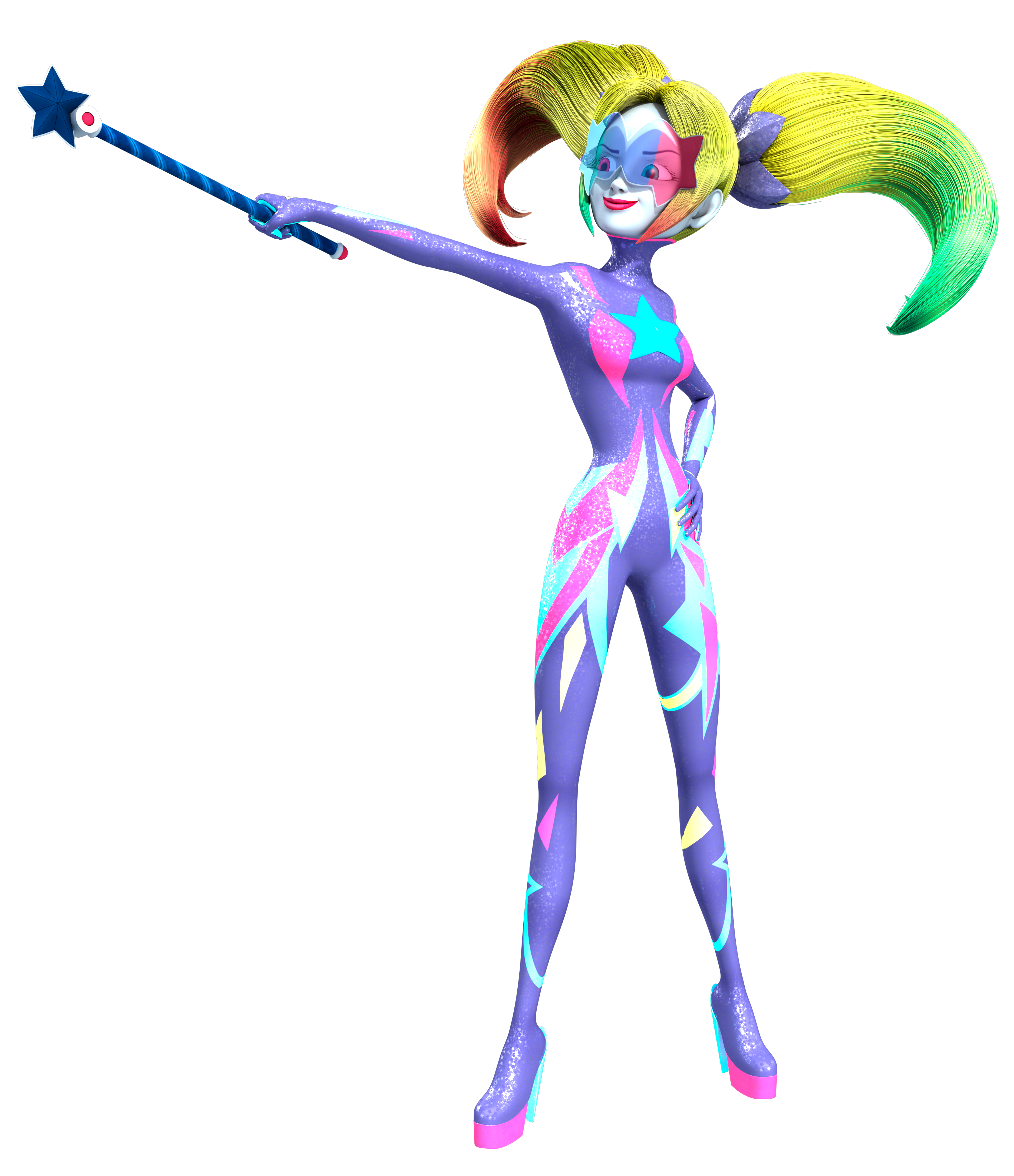 A colorful, villainous pop star character named Frightningale, holding a microphone wand with a pink energy whip.