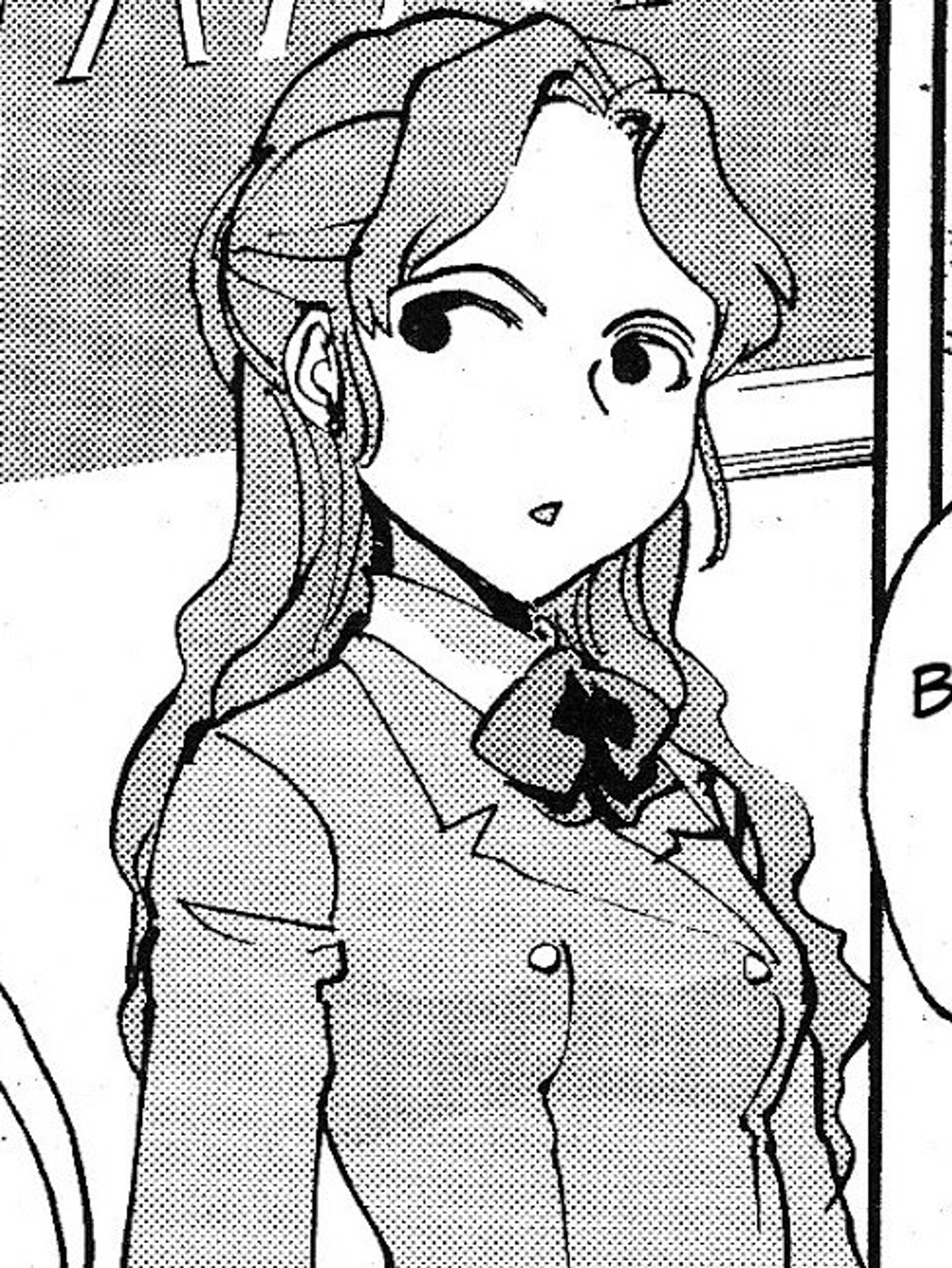 A young woman with ginger hair and magenta eyes wearing a school uniform