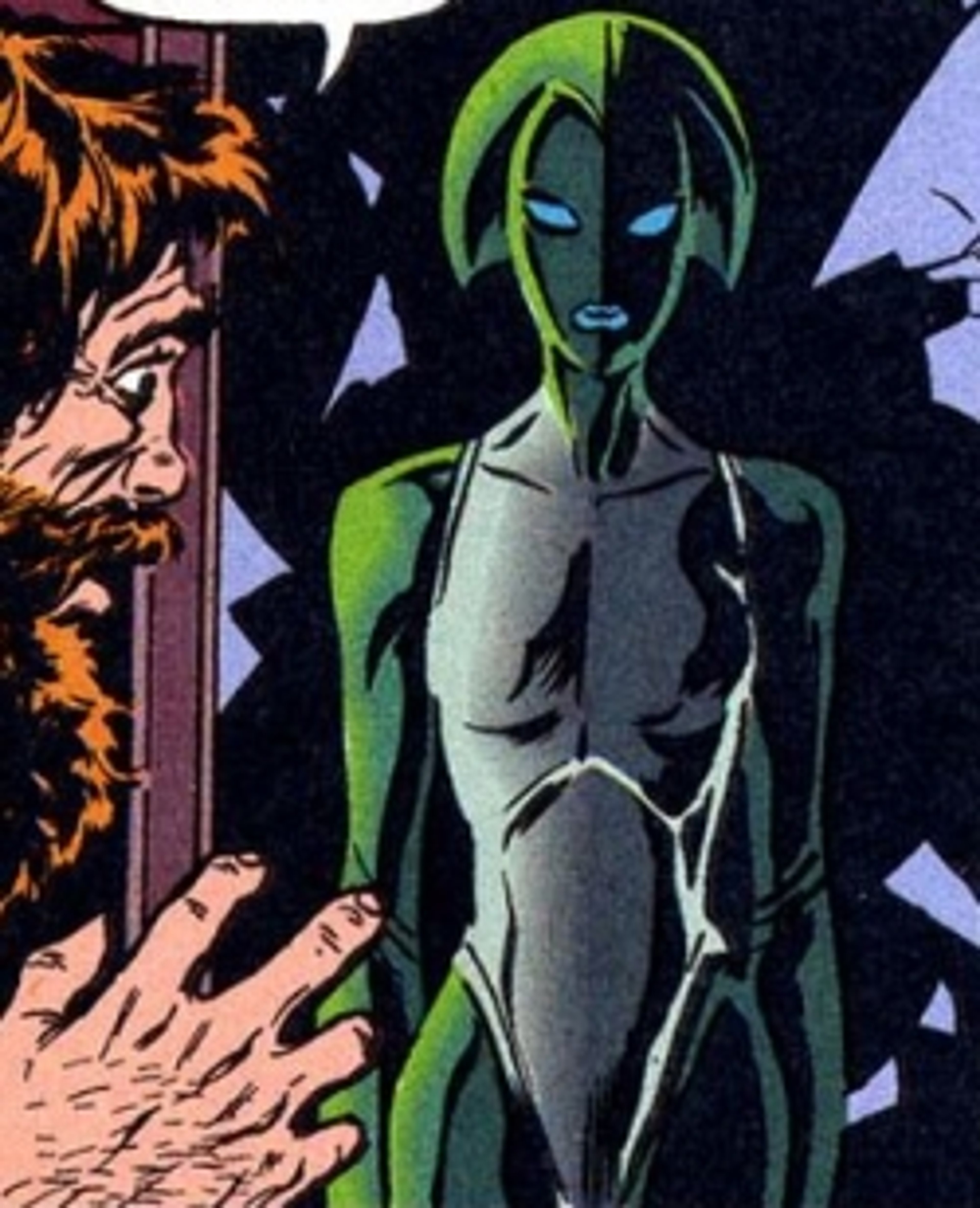 A green-skinned humanoid female character with blue sensor eyes in an action pose