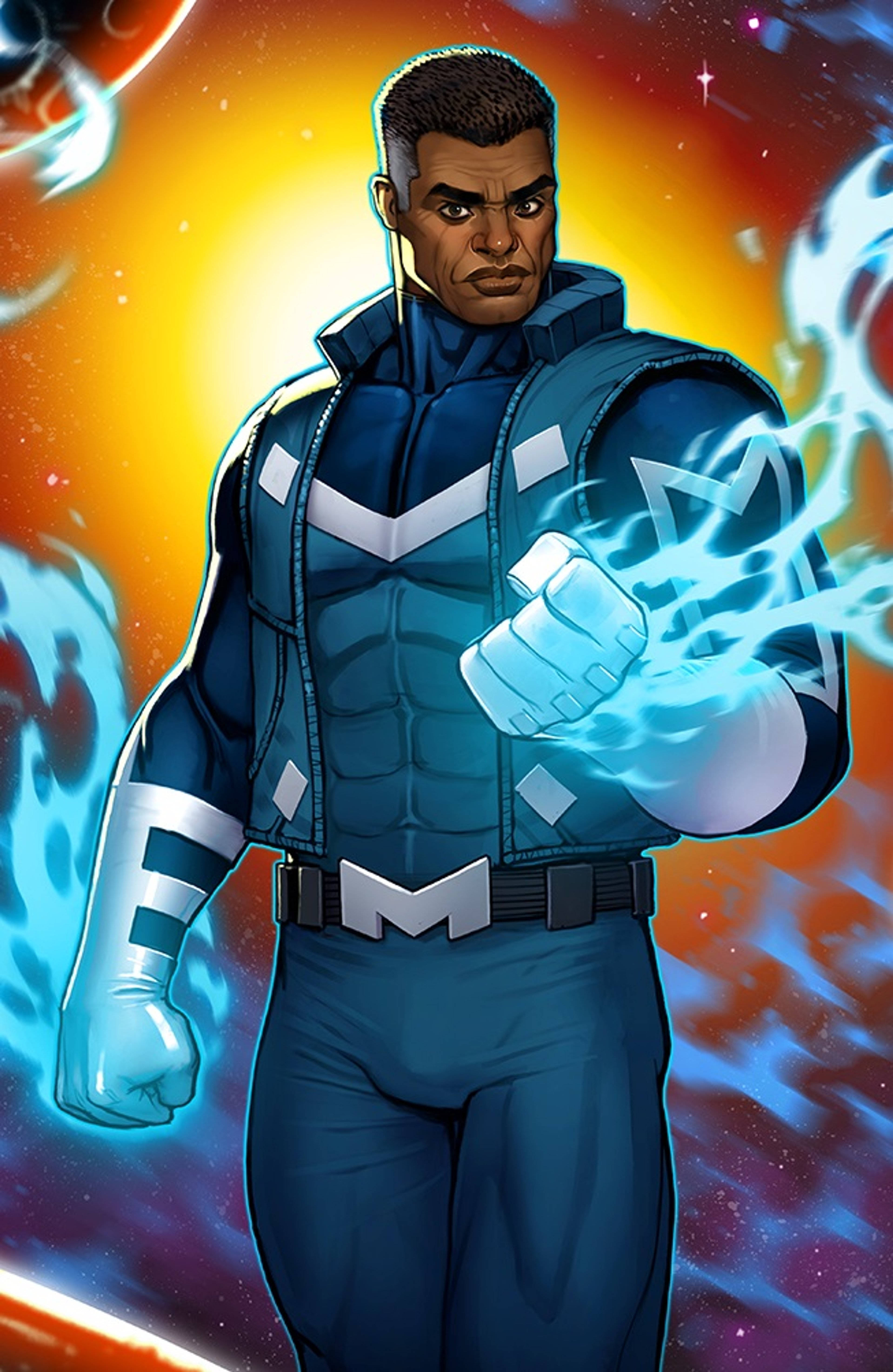 A powerful superhero character in a blue and white costume with energy effects around him.