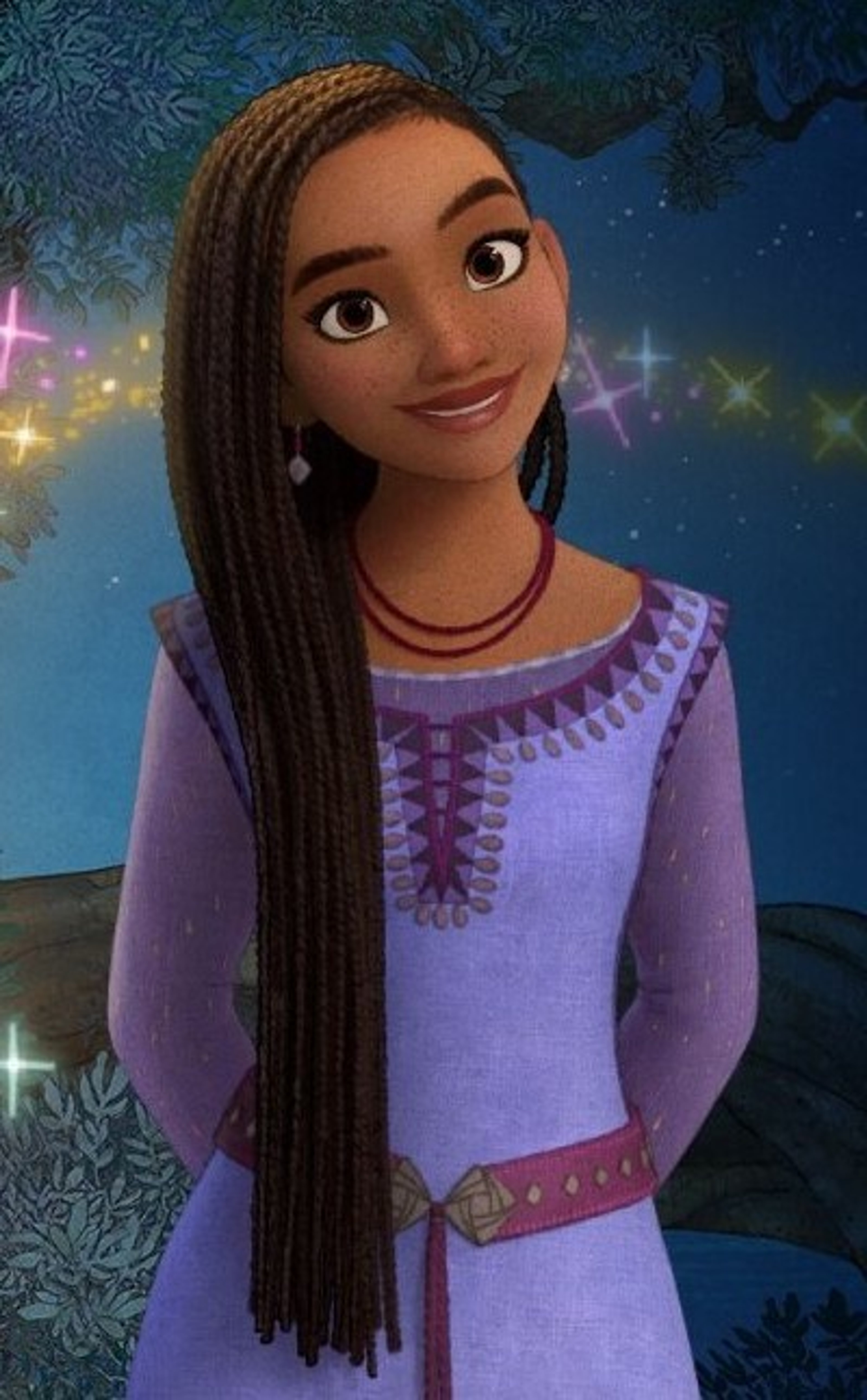 A young woman with long braided hair and green eyes wearing a purple top, standing in a starry night sky