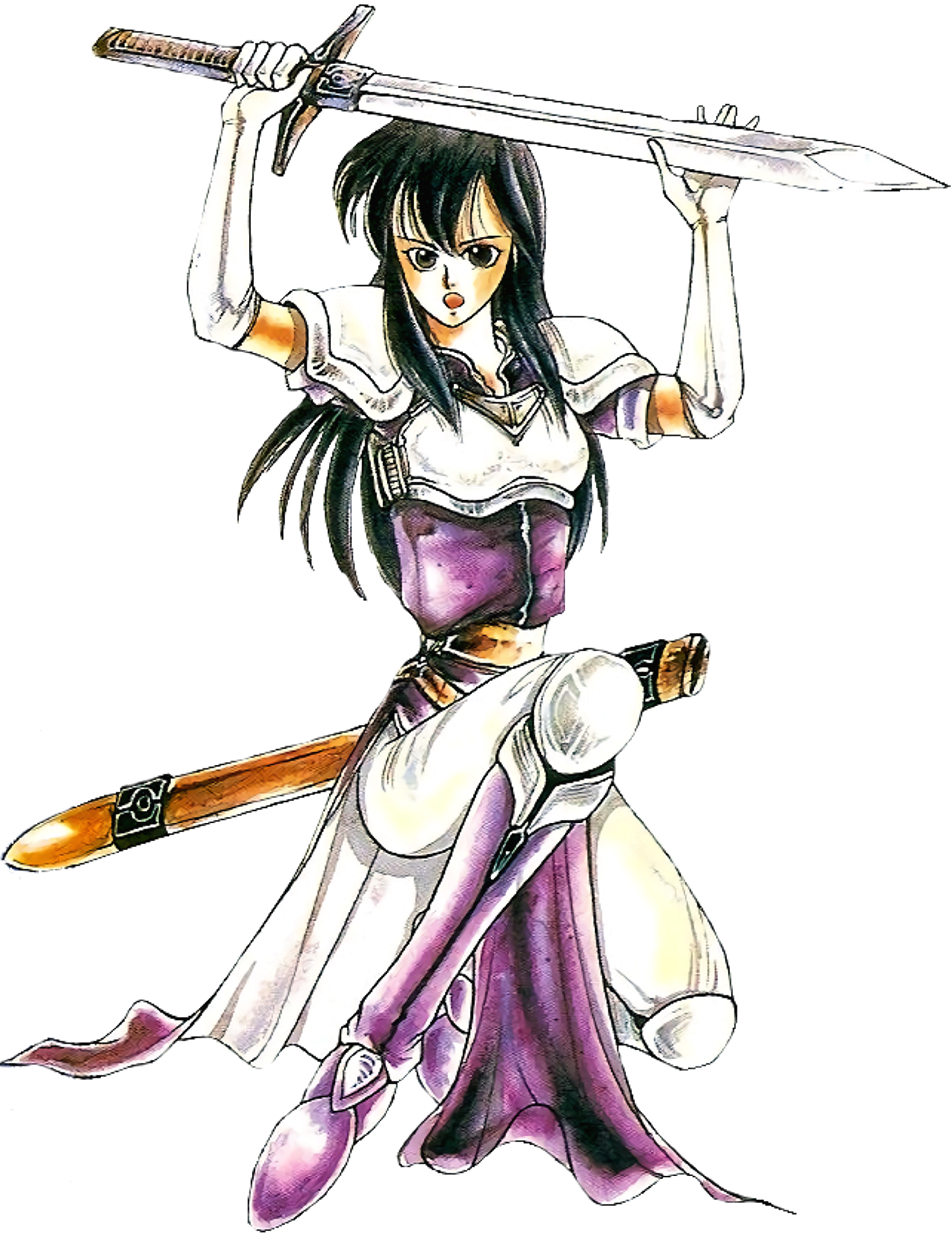 A young woman in a fighting stance holding a large sword