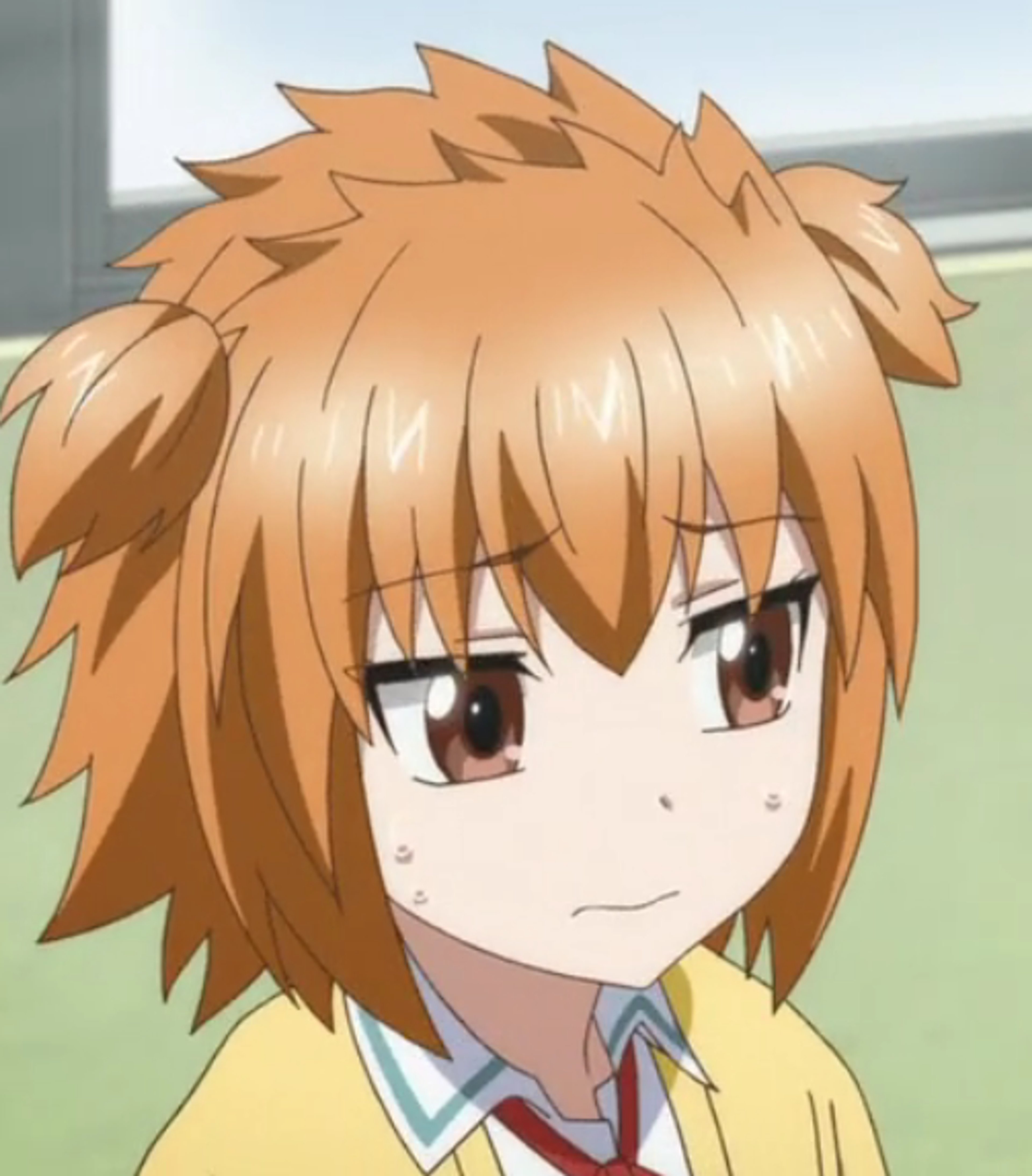 An anime-style character with orange hair and brown eyes, wearing a yellow jacket over a school uniform.