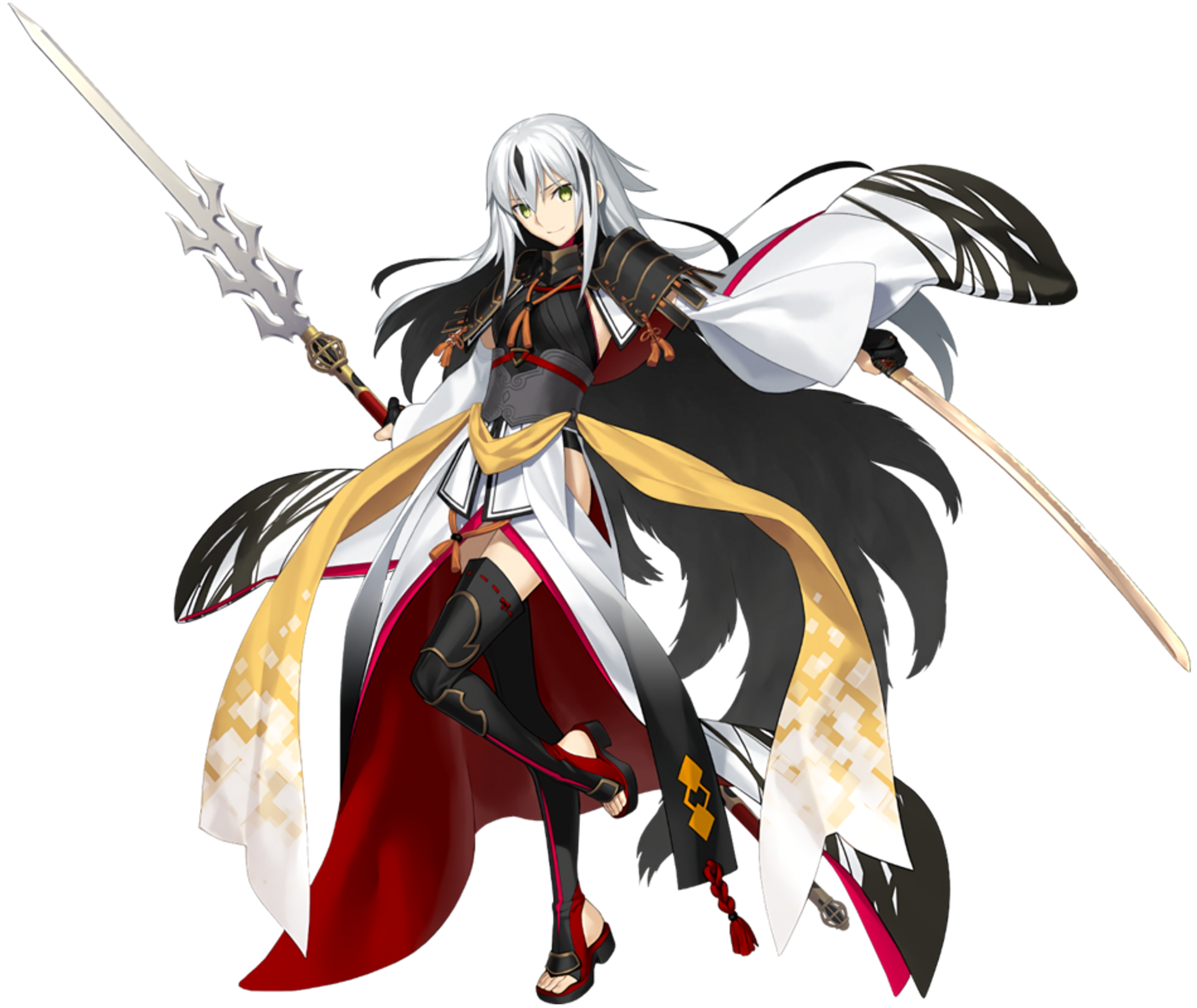 A female warrior character with long white hair, wearing ornate red and gold armor and holding a large sword.