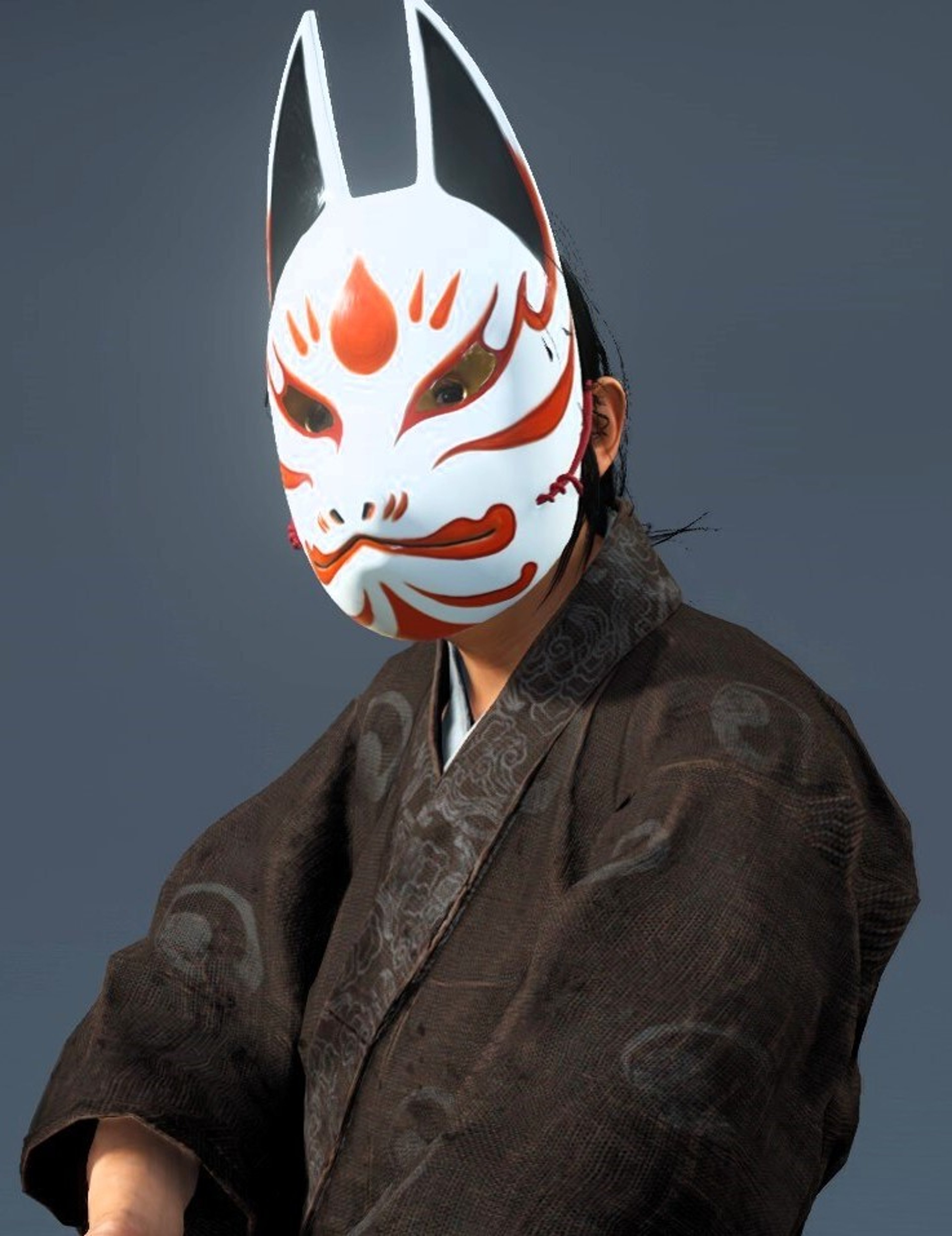 A person wearing a traditional Japanese-style robe and a mask resembling a fox or other animal, holding a bow.