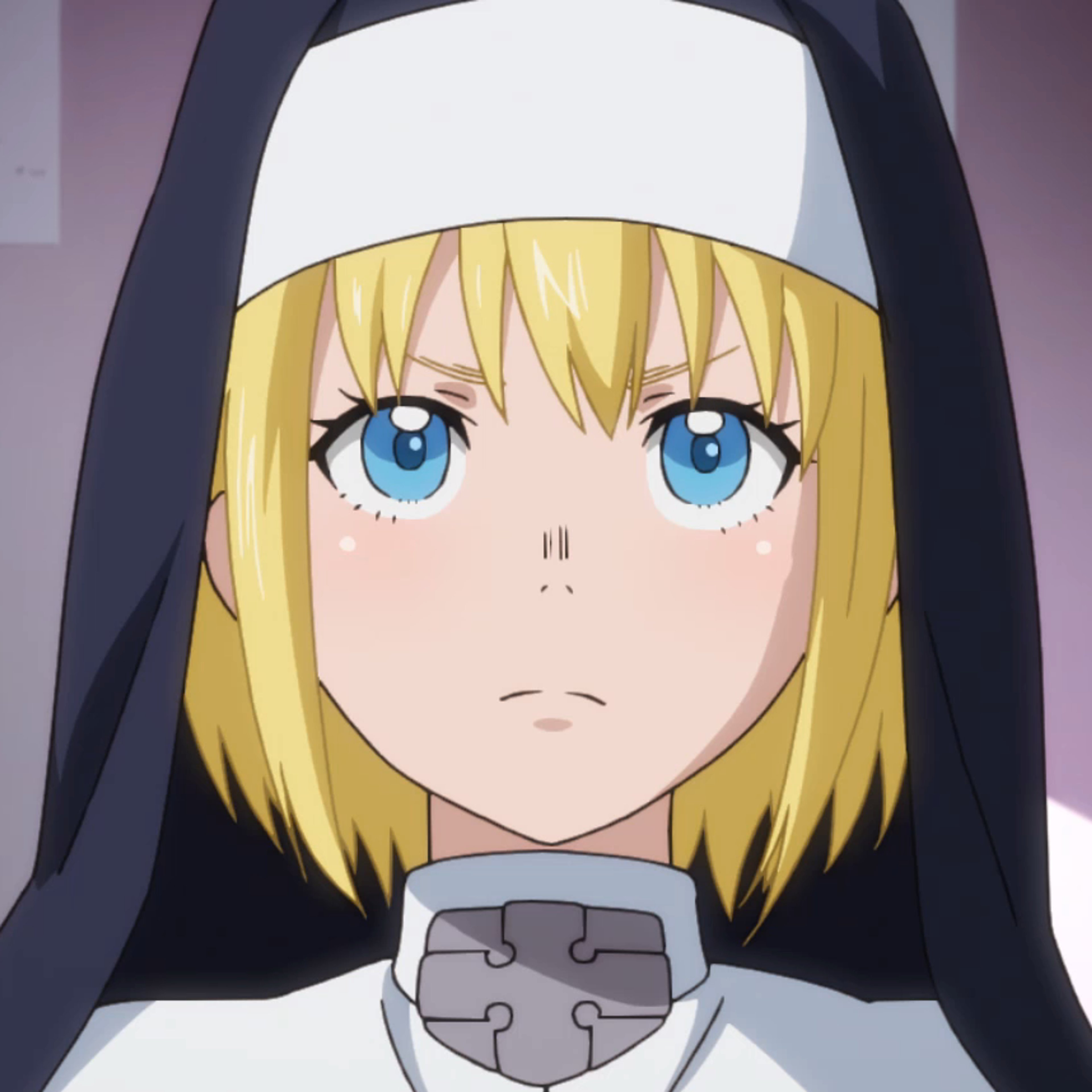 A young anime-style girl in a nun's habit holding an electronic device