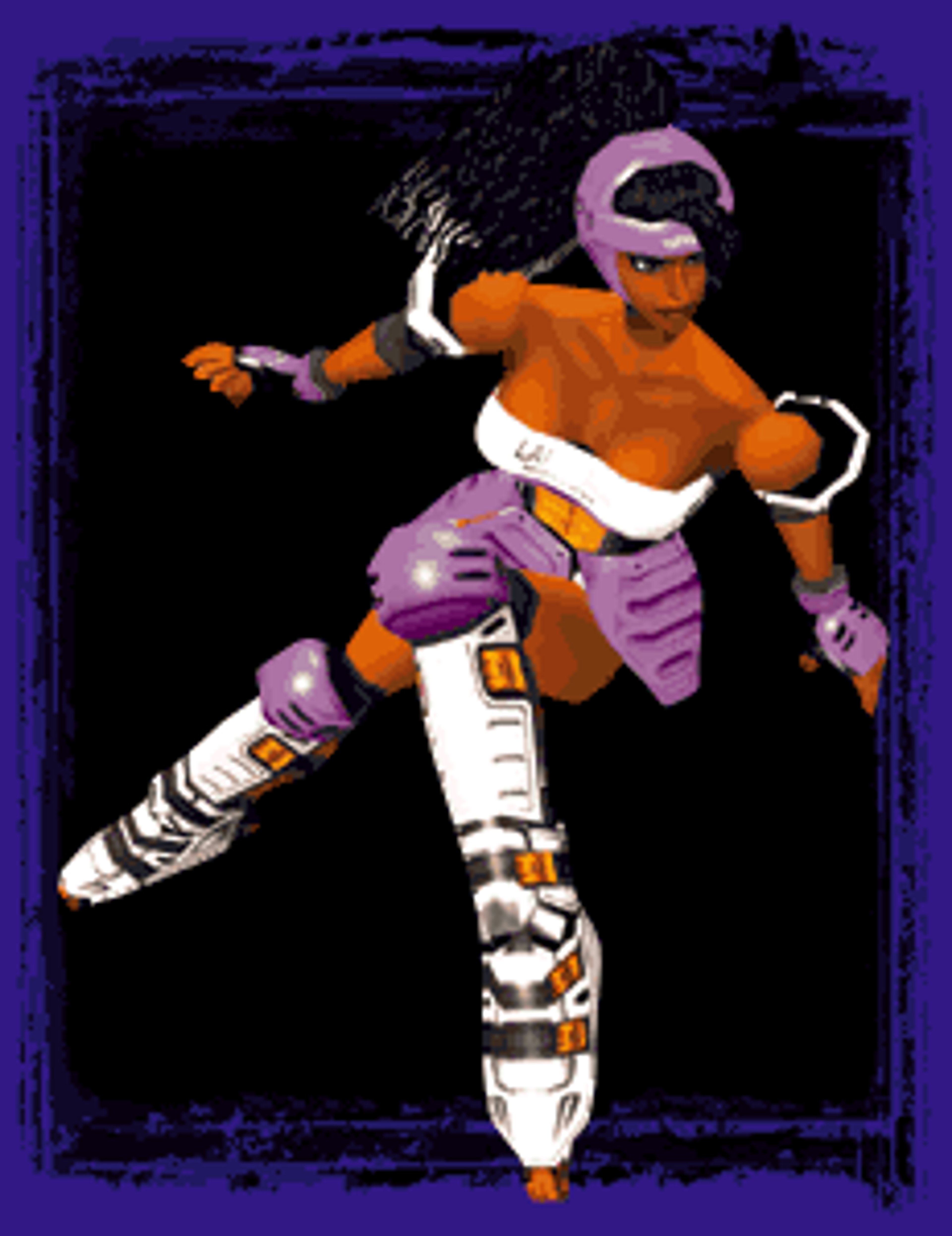 A stylized, athletic African-American woman in a colorful, futuristic-looking outfit, posed in a dynamic, action-oriented stance.