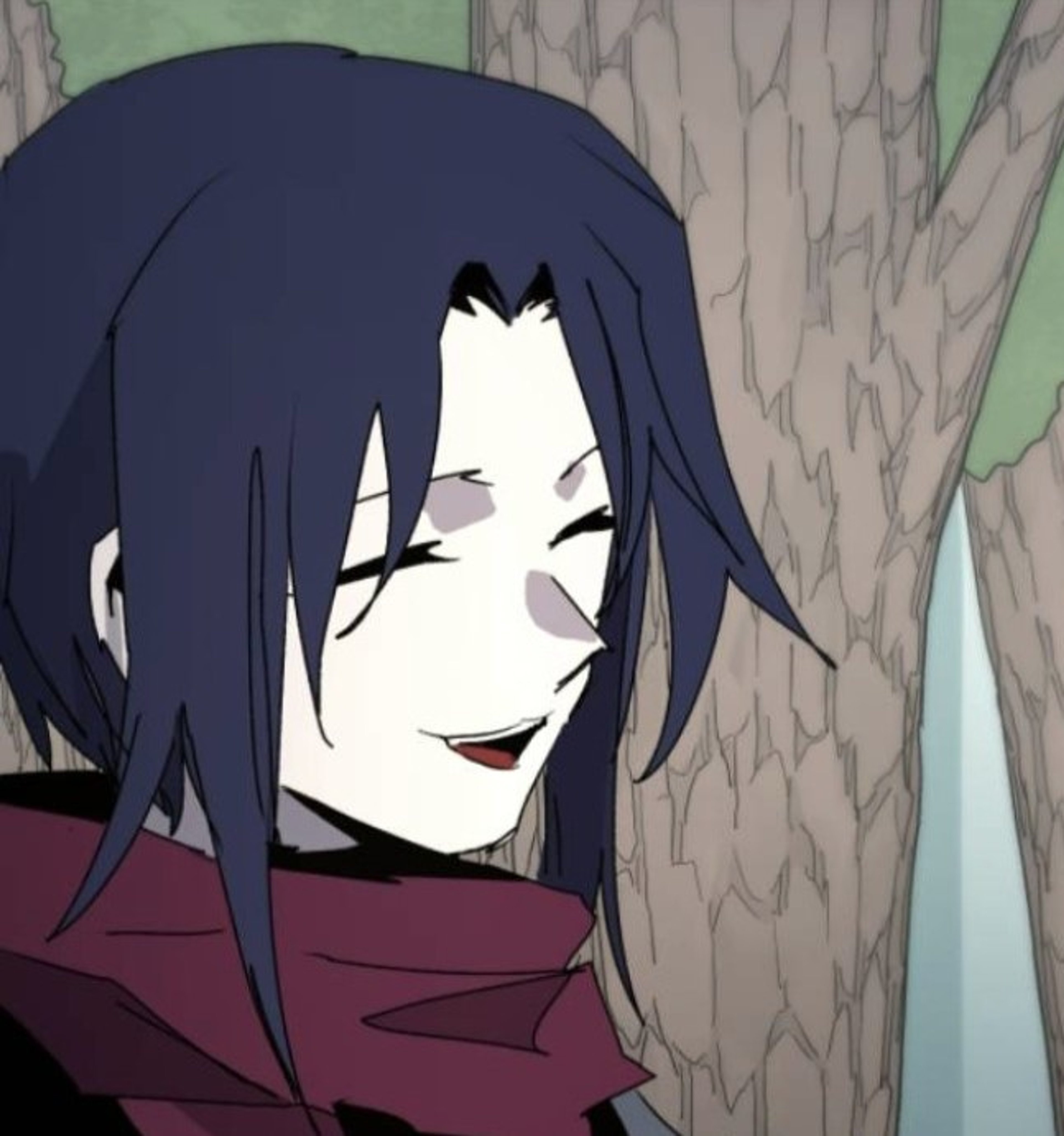 A young woman with dark blue hair and a cunning expression