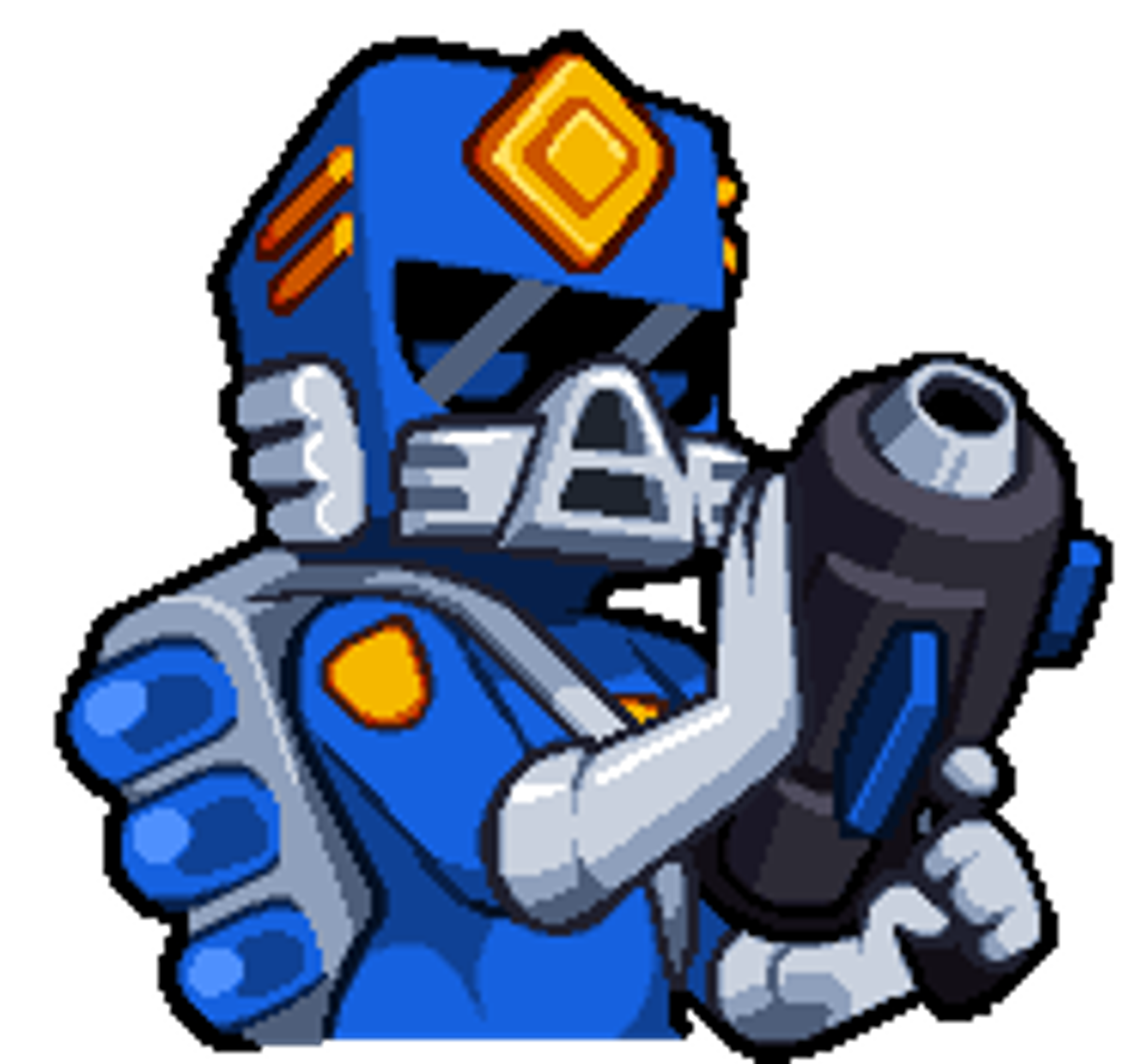 A detailed, stylized character design of a blue-skinned, cybernetically enhanced female figure in a futuristic, armored bodysuit, wielding a weapon.