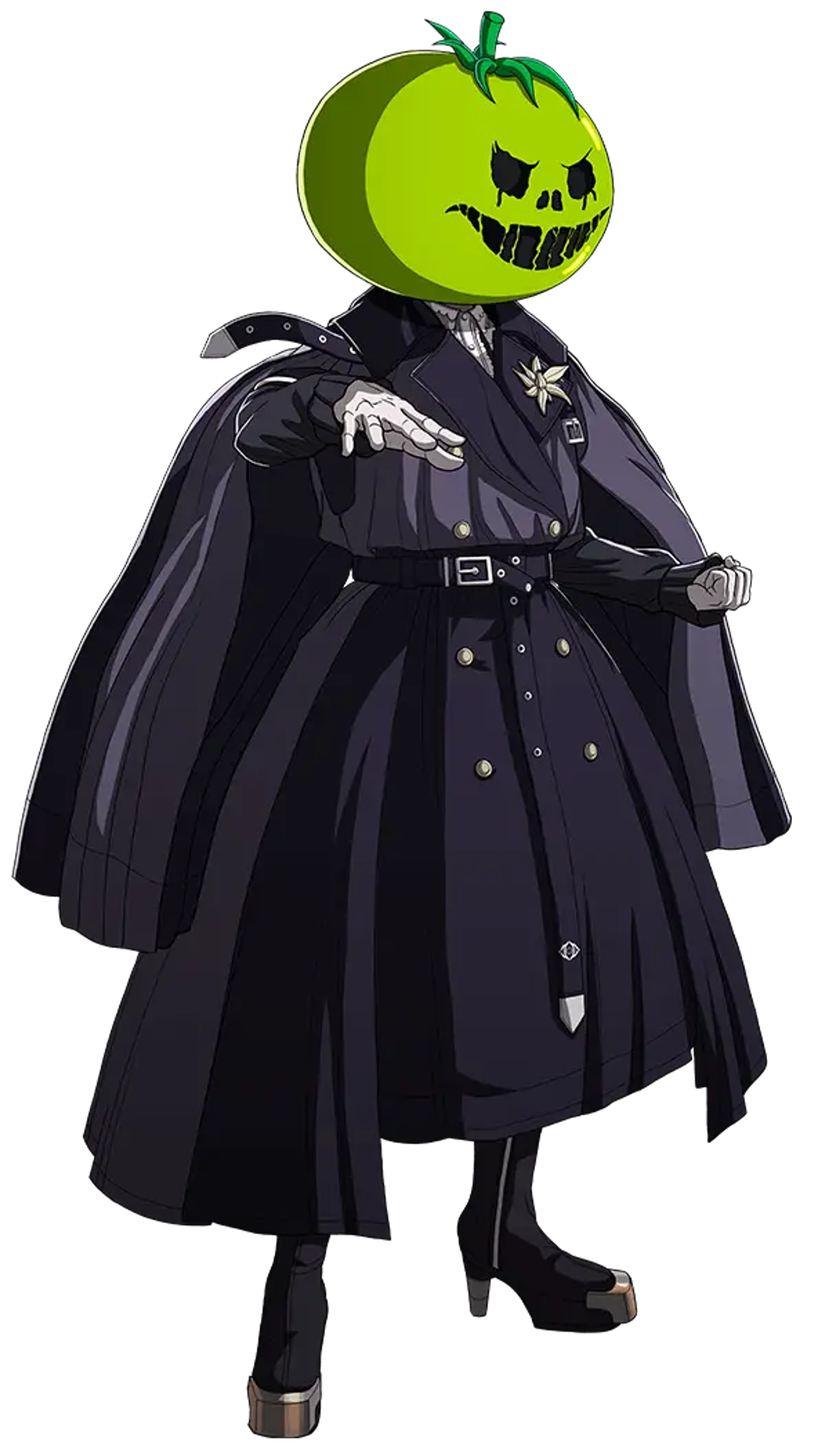 A character wearing a green tomato-shaped helmet with a ghoulish face, a black trenchcoat-style dress, and heeled boots.