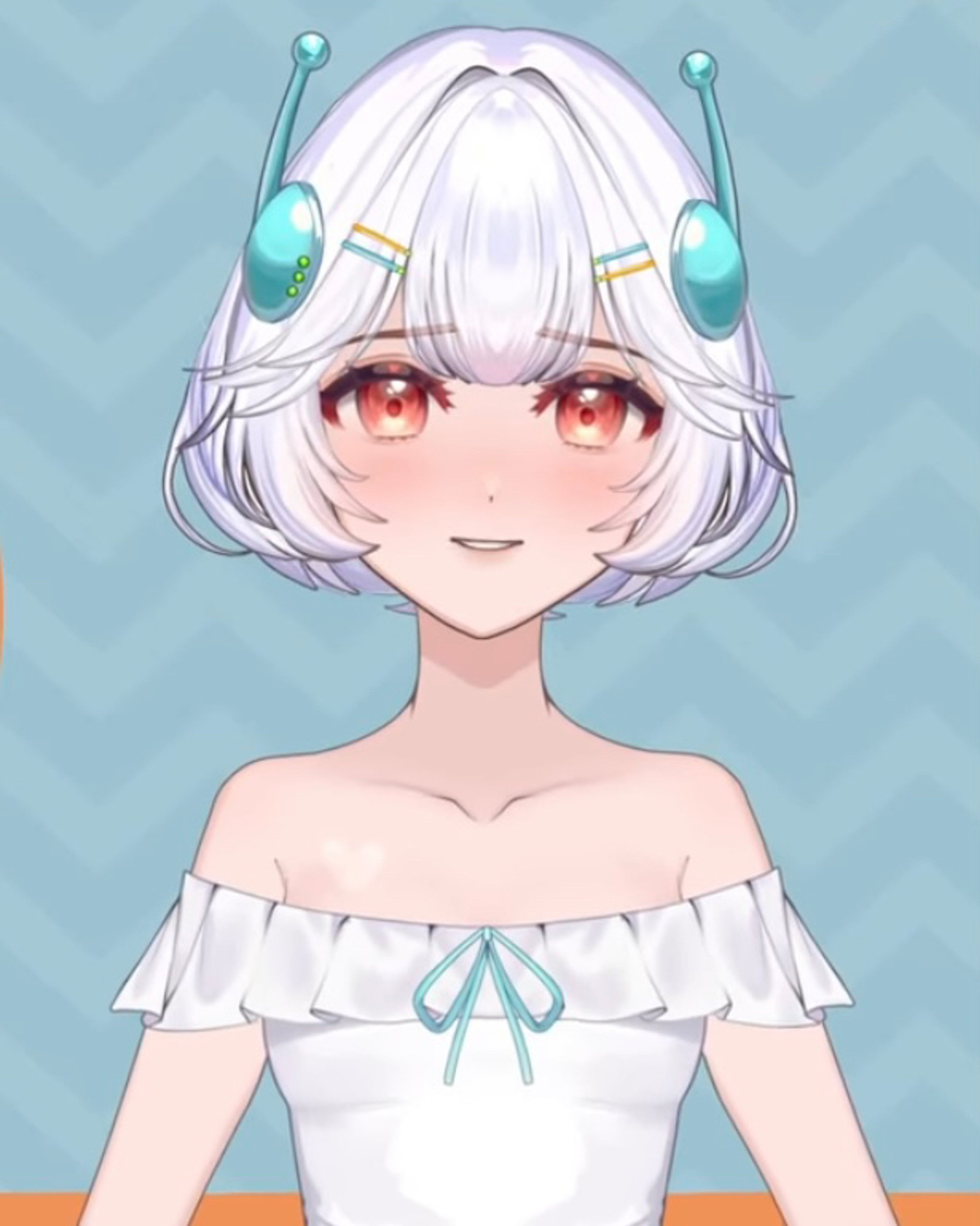 An anime-style character with white hair, red eyes, and a bashful expression wearing a light blue off-the-shoulder dress with ruffles and blue orb-like accessories on their head.