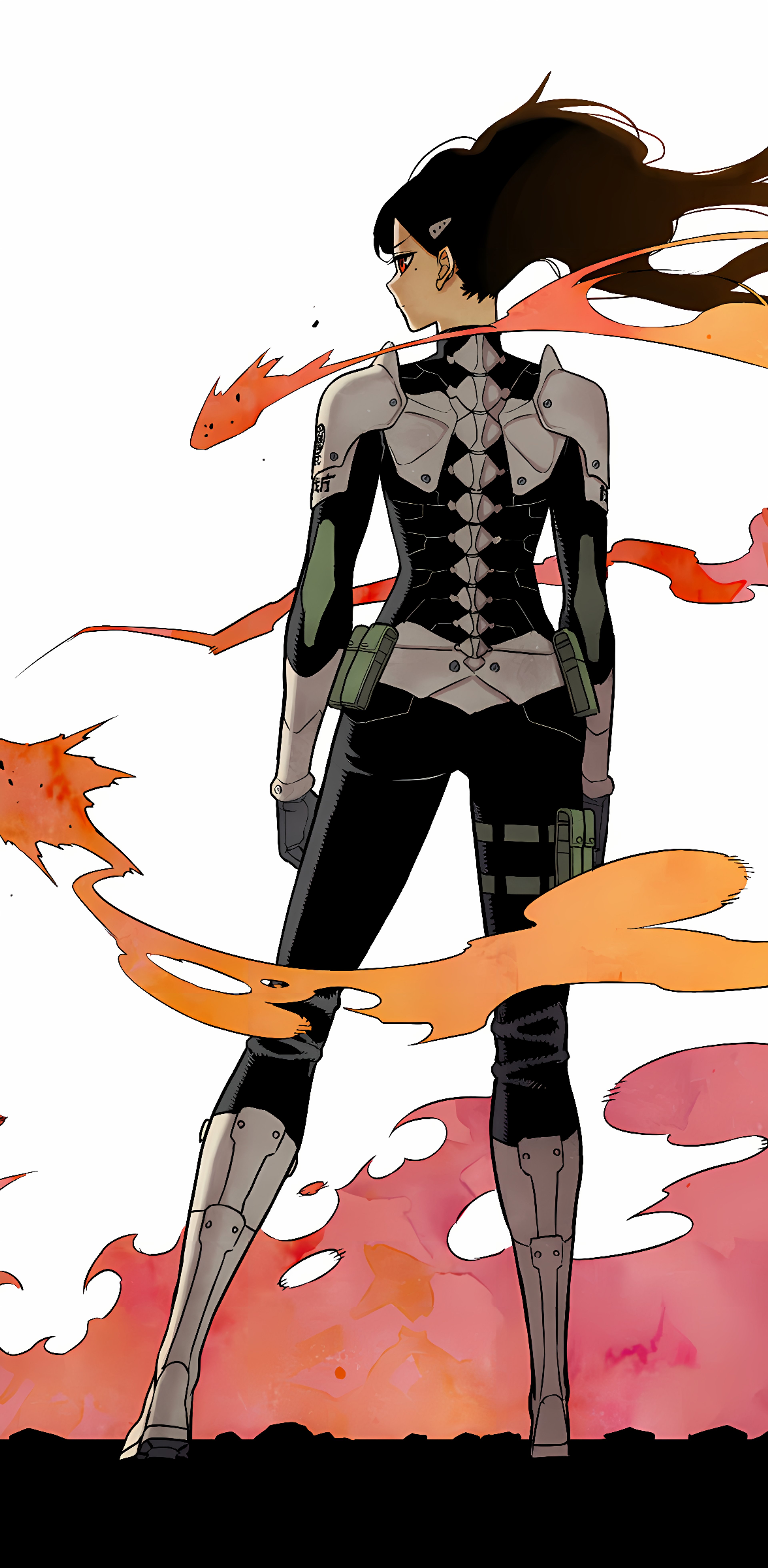 A young woman in a military-style outfit in a combat-ready stance against a fiery background.