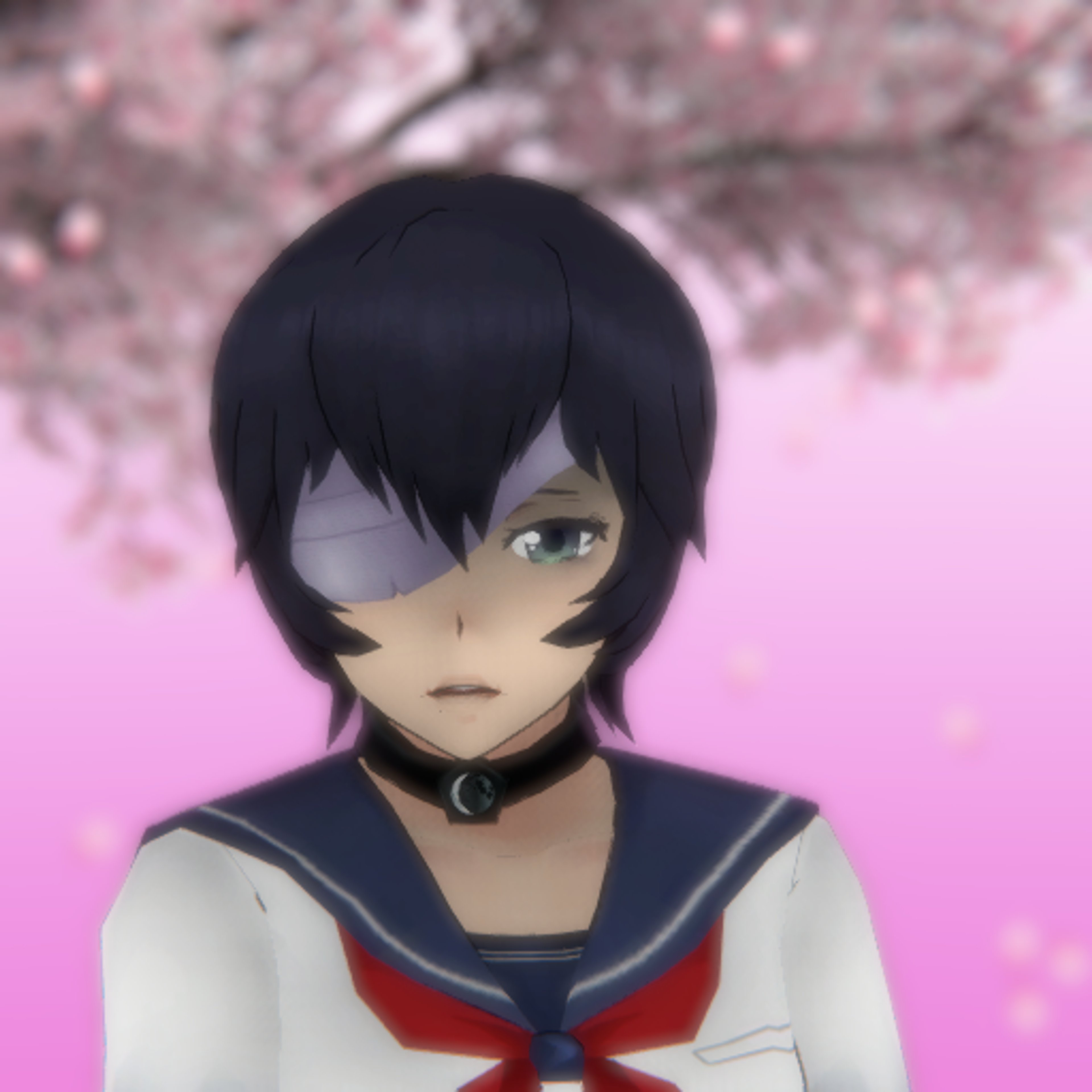 A mysterious anime-style female student with a bandaged eye and occult club uniform