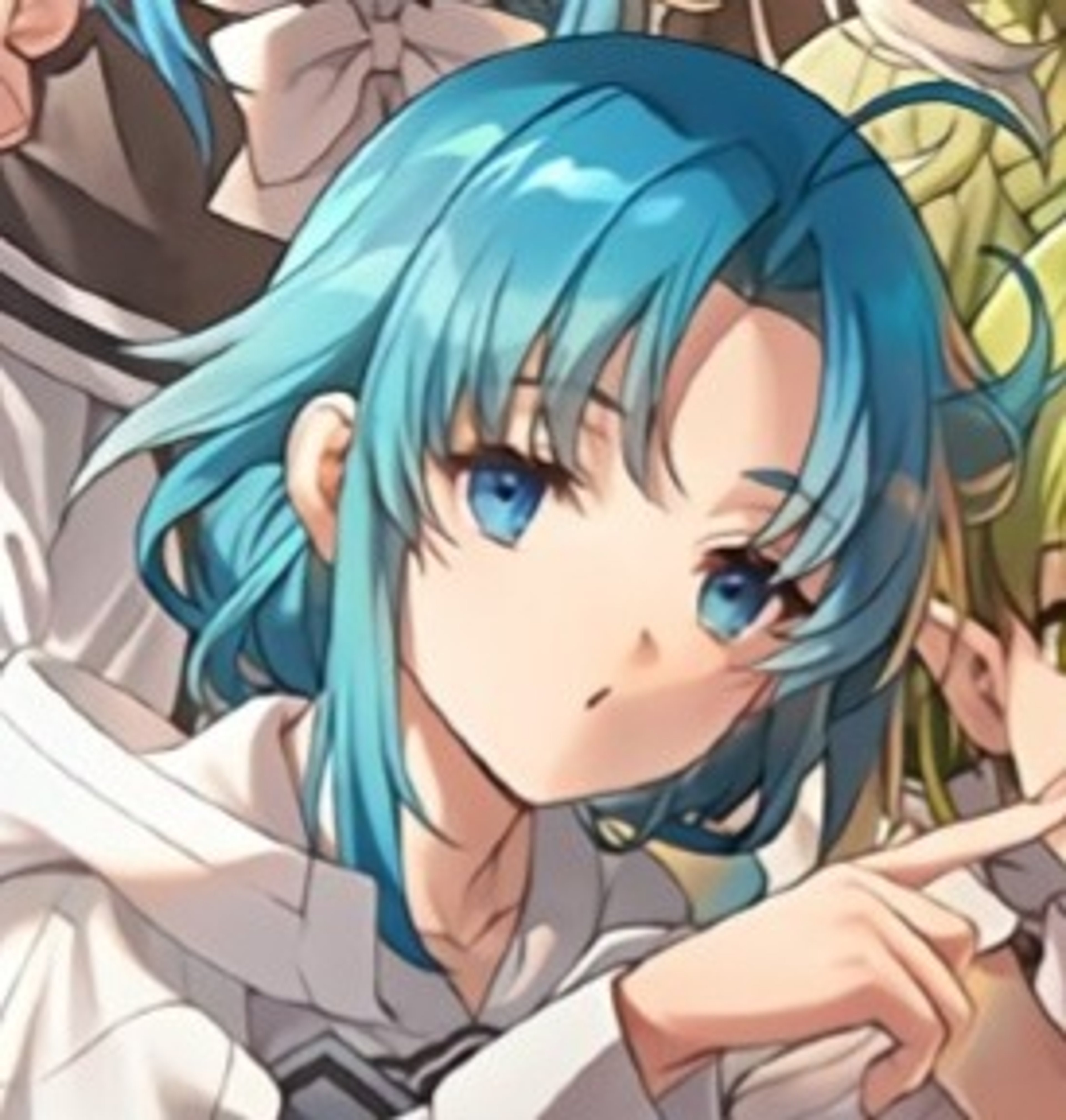 A young woman with light blue hair and blue eyes, wearing a white shirt and dark jacket.