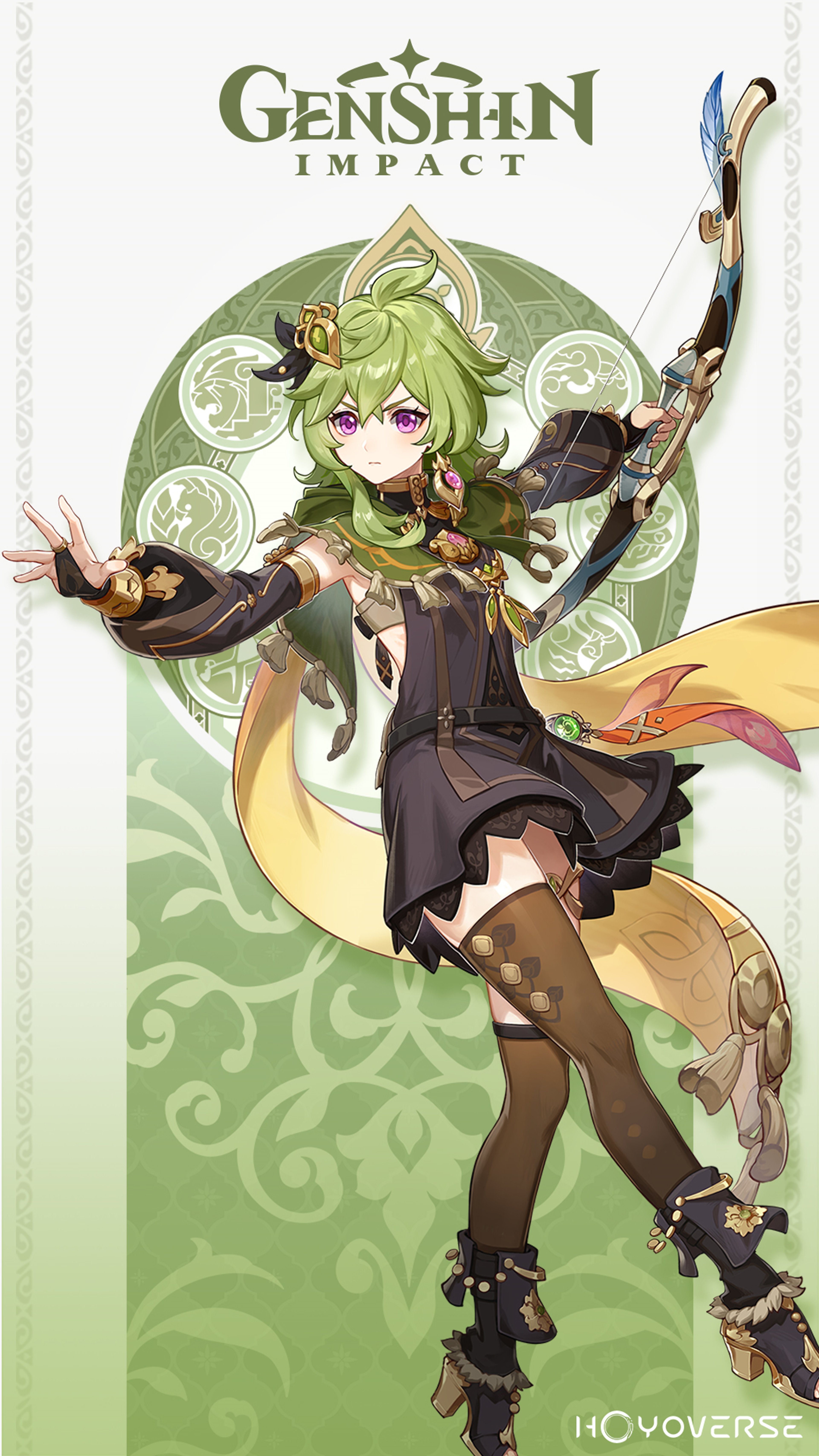 A young woman with green hair and a floral headdress, holding a bow in a combat stance.