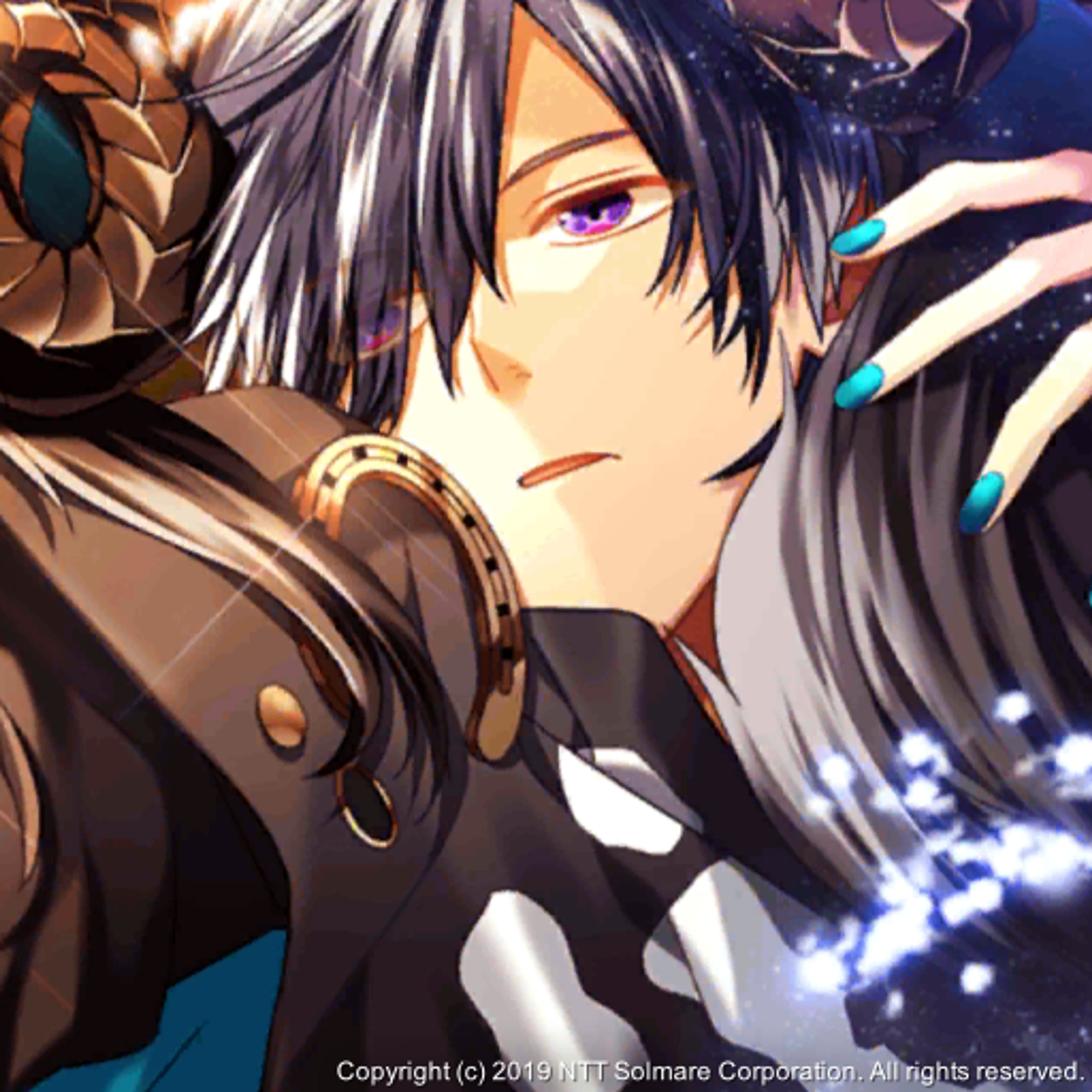 An anime-style character with dark hair and blue eyes wearing a black outfit with gold accents