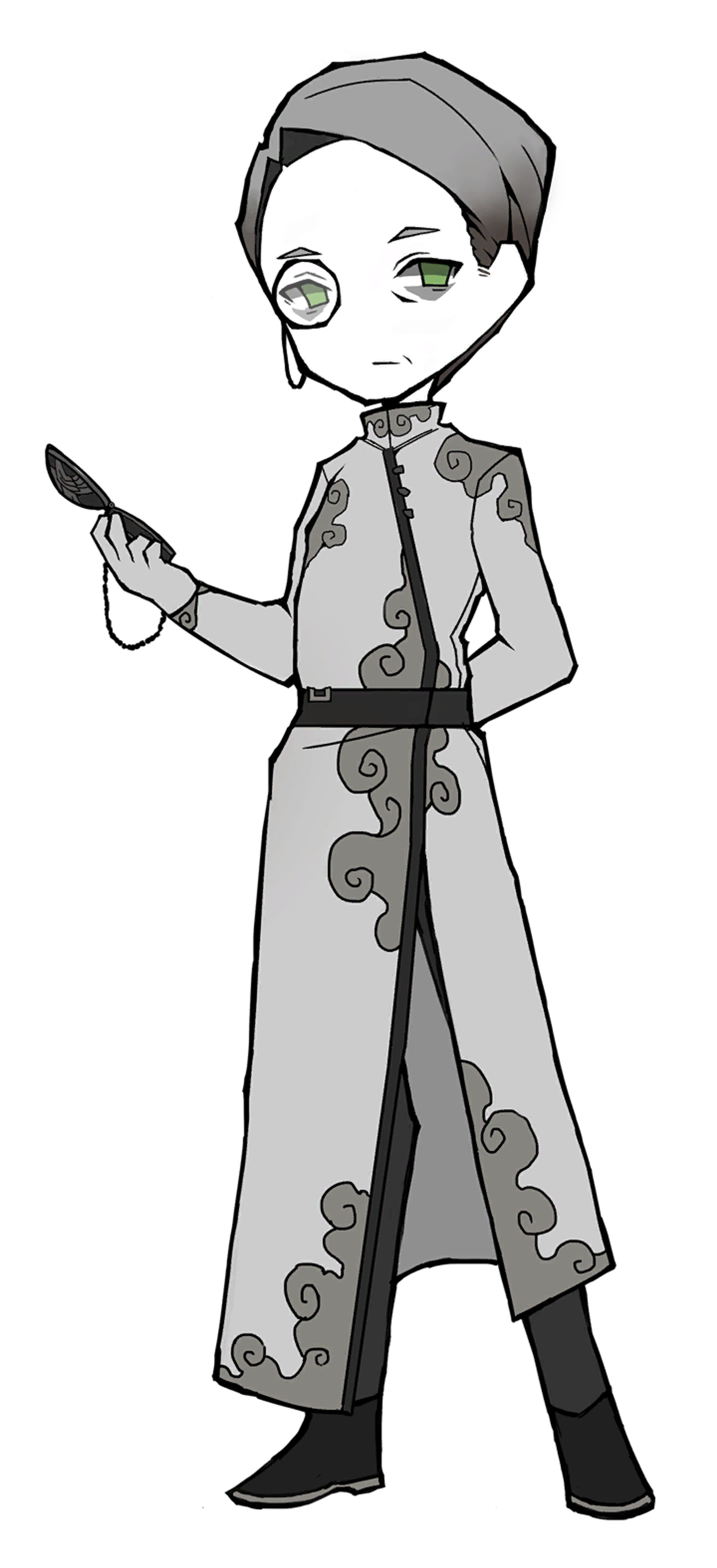 An anime-style character with short light gray hair, light green eyes, and a monocle, wearing traditional light gray clothing.