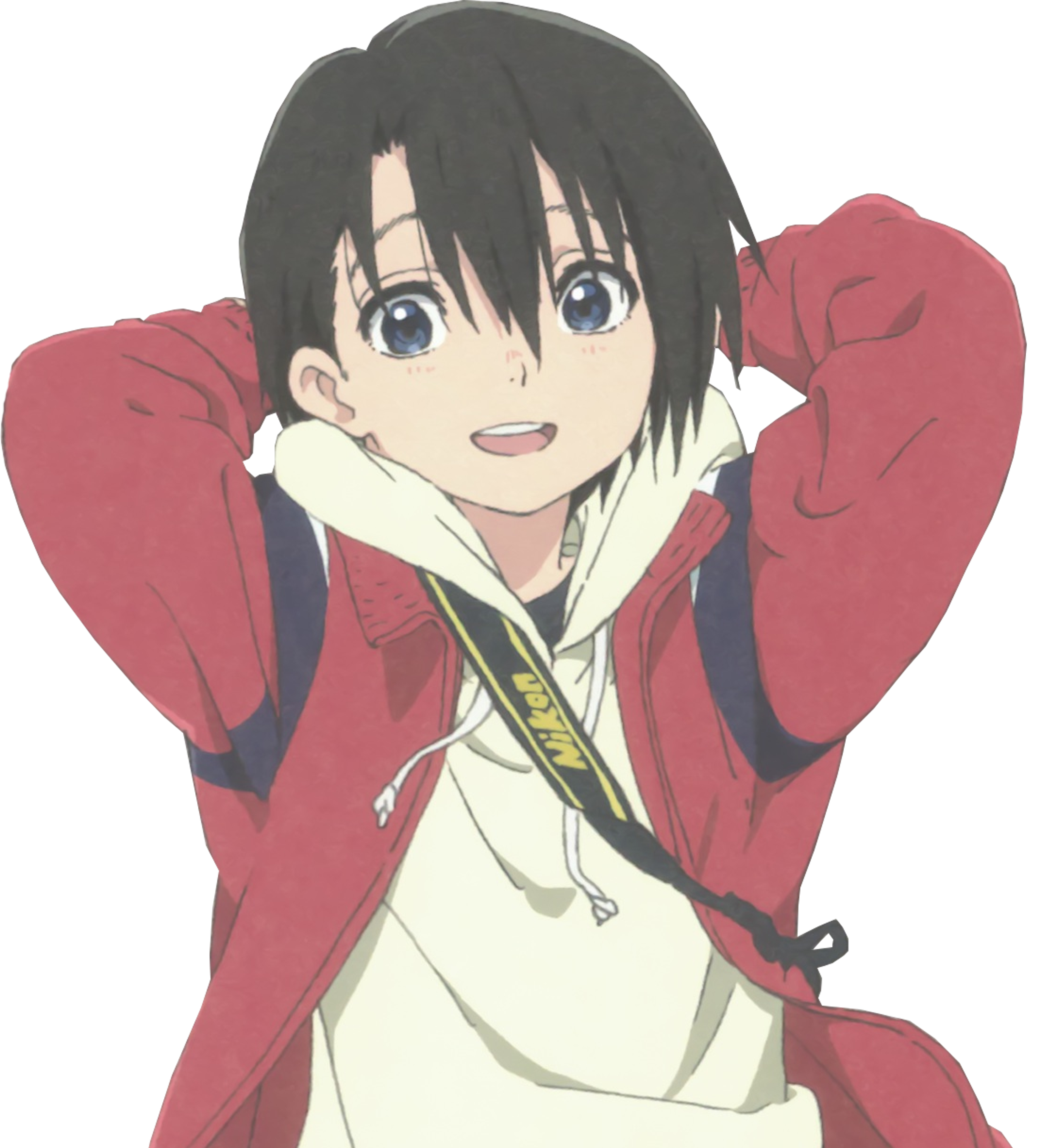 An anime-style character with short dark hair and a red jacket