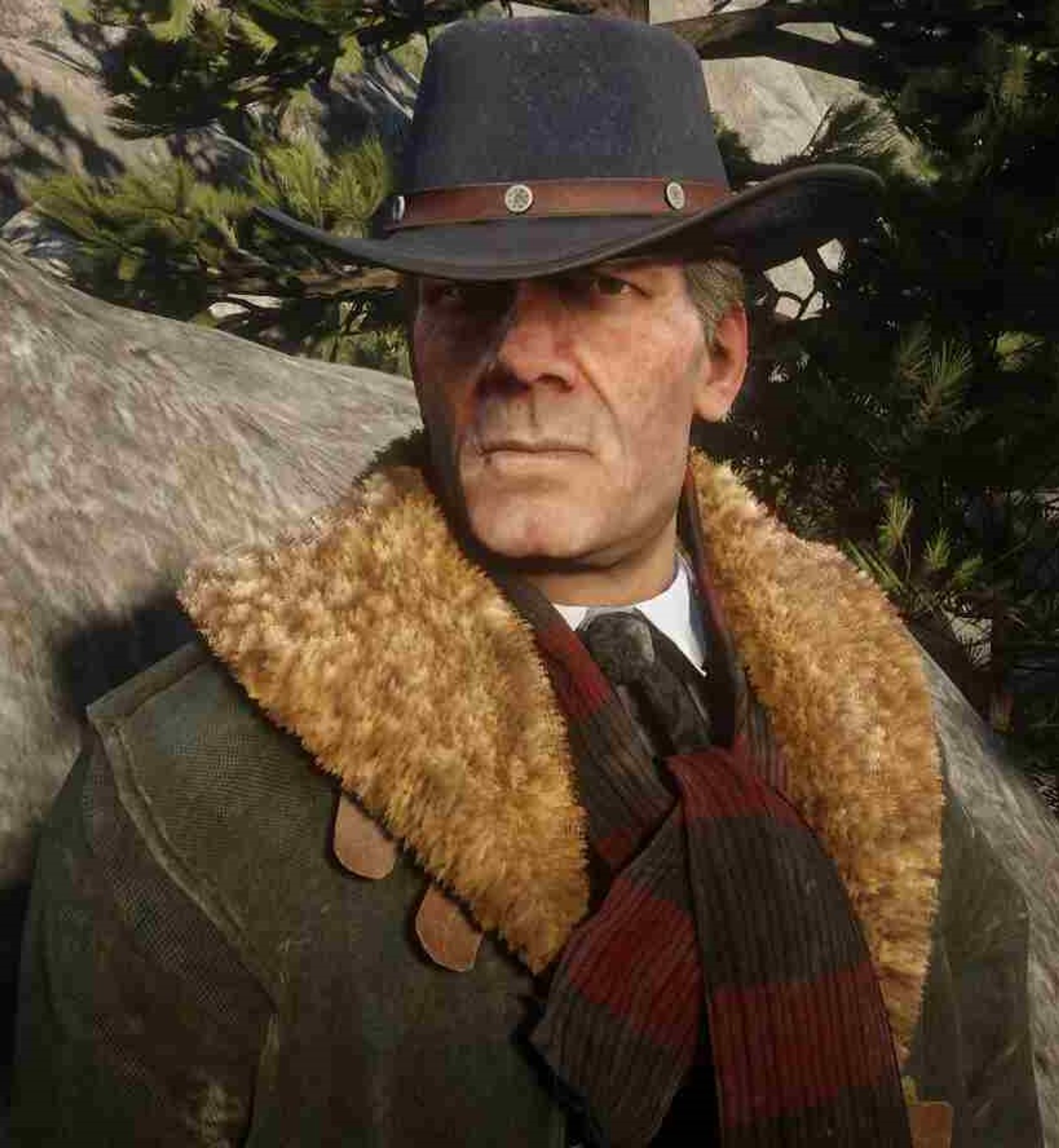 A grizzled, middle-aged man in a cowboy hat and coat standing in a forested setting