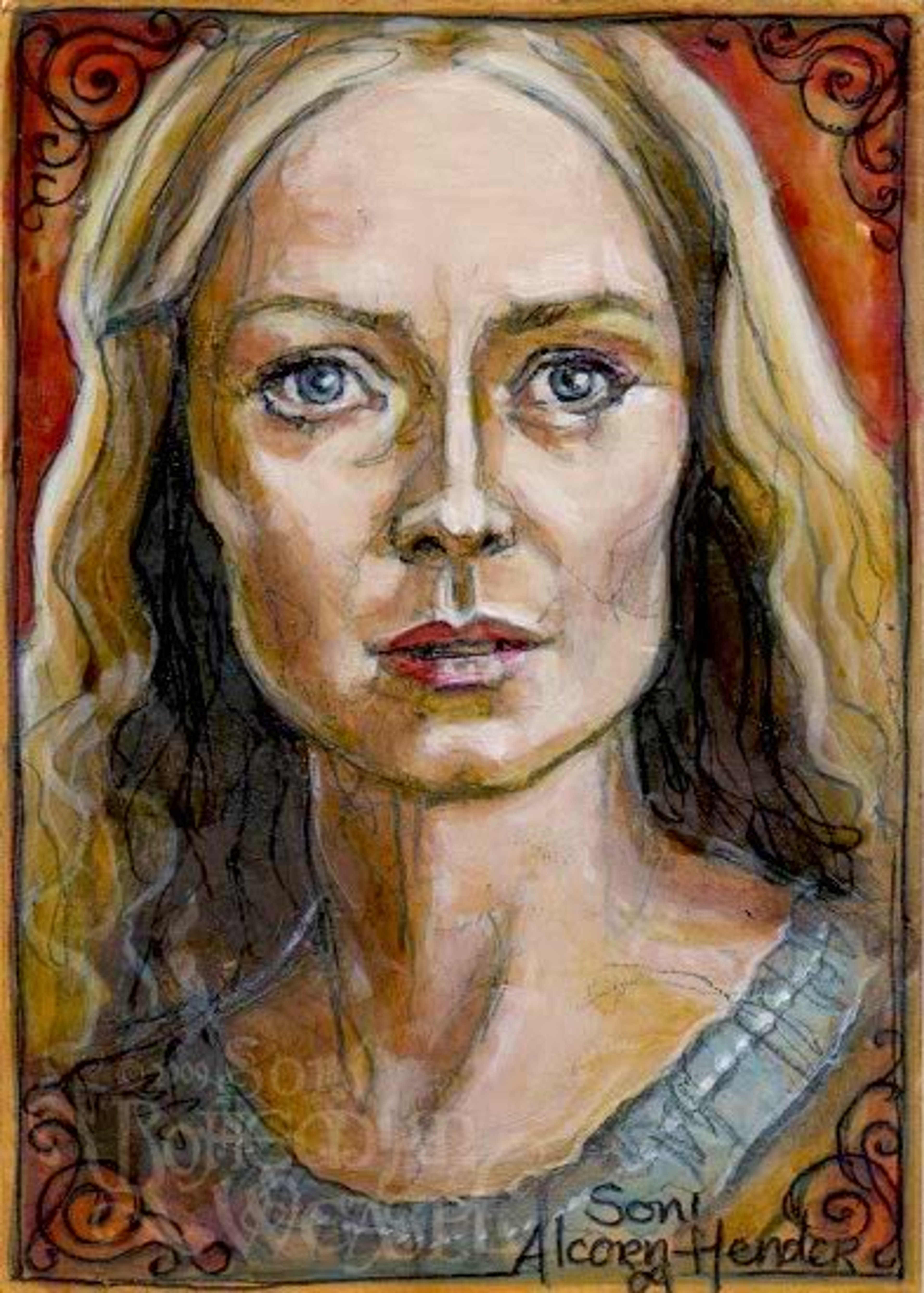 A portrait painting of a woman with pale golden hair and grey eyes, looking determined.
