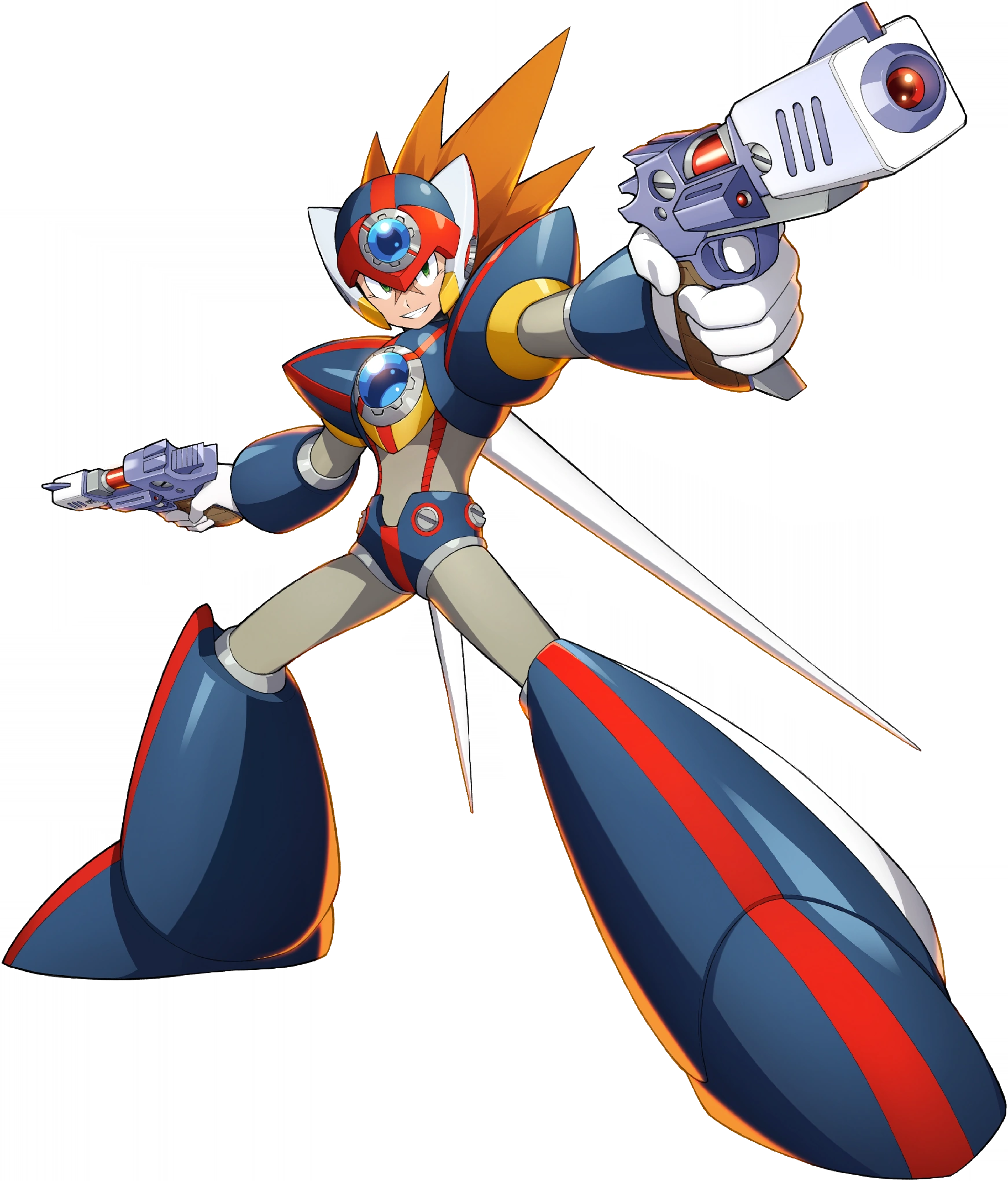 An anime-style character with spiky hair, an X-shaped scar, and retractable wings holding a futuristic firearm.