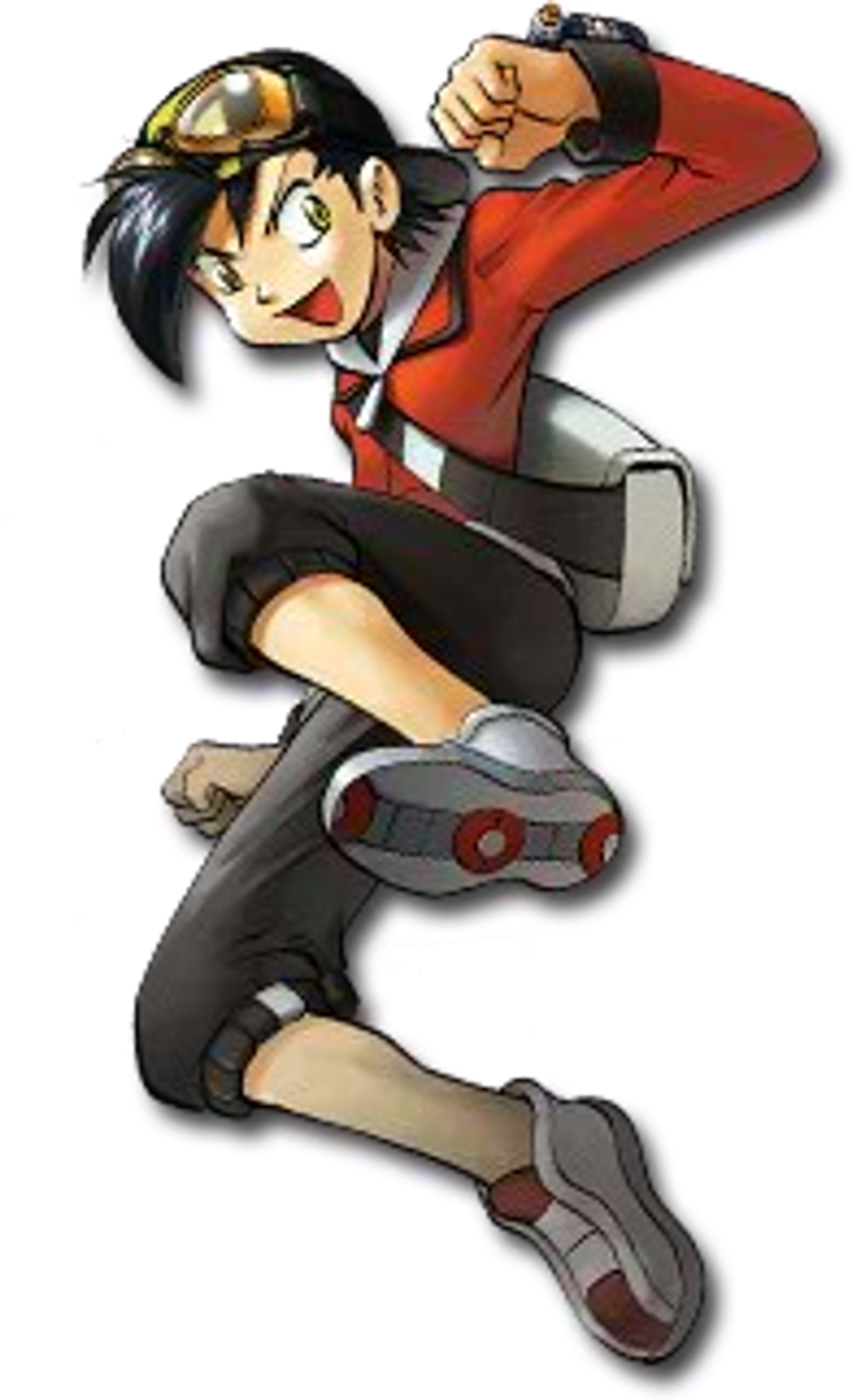 An athletic young man with black hair, yellow-gold eyes, and a red hoodie, holding a billiard cue.