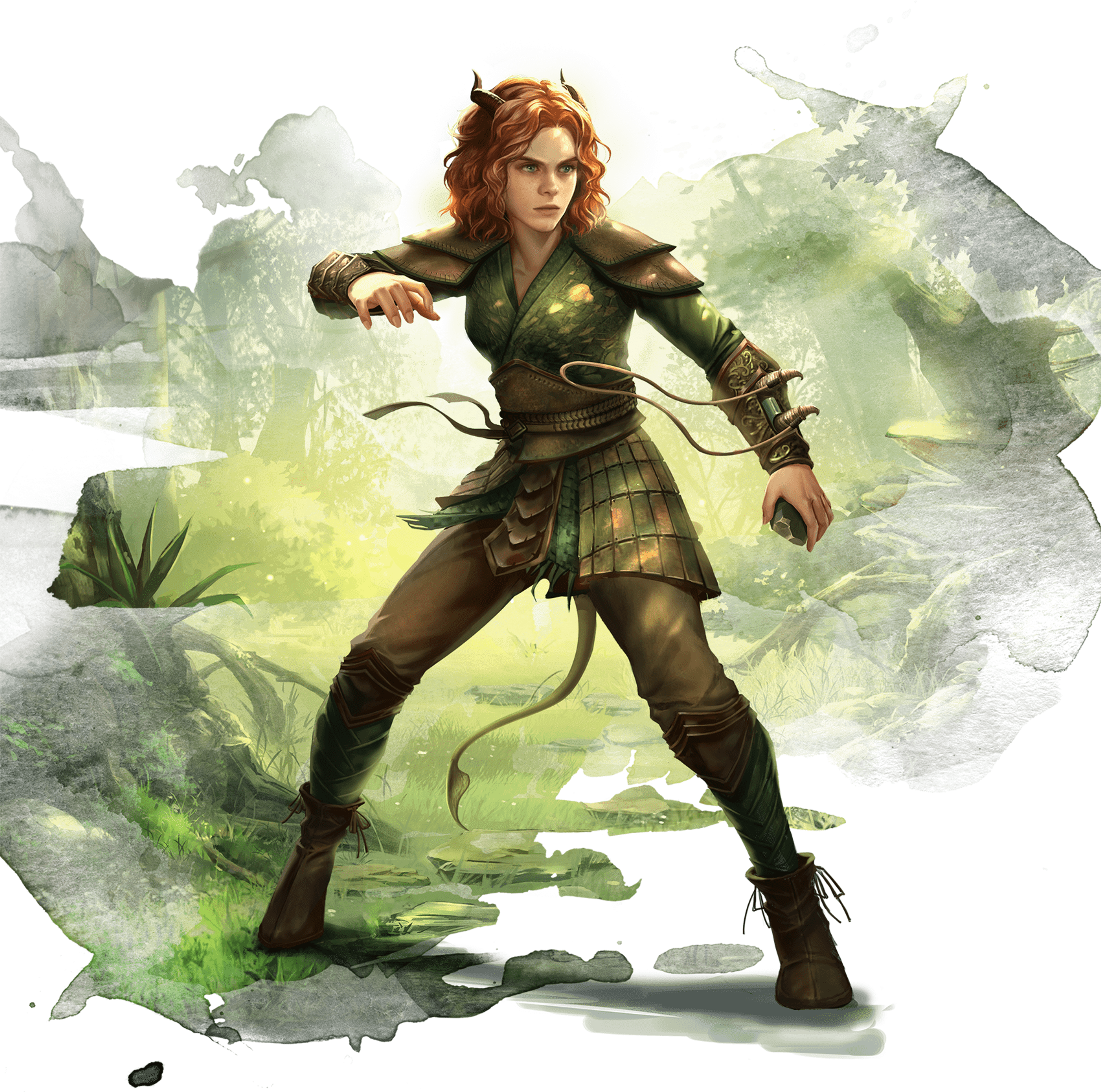 A tiefling druid character in green and brown leather armor, standing in a forest setting.