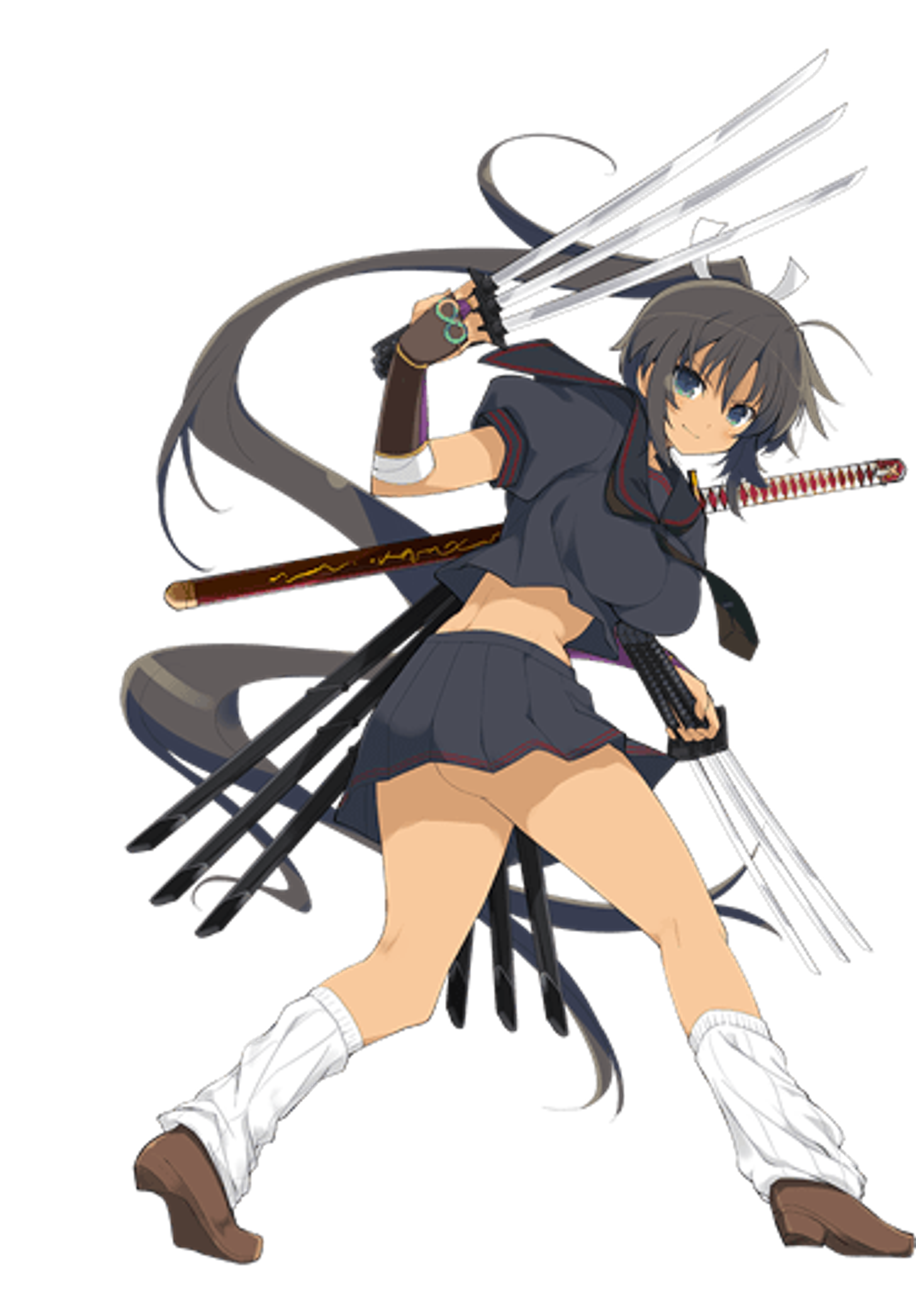 A young woman in a black outfit wielding multiple swords in a fighting stance.