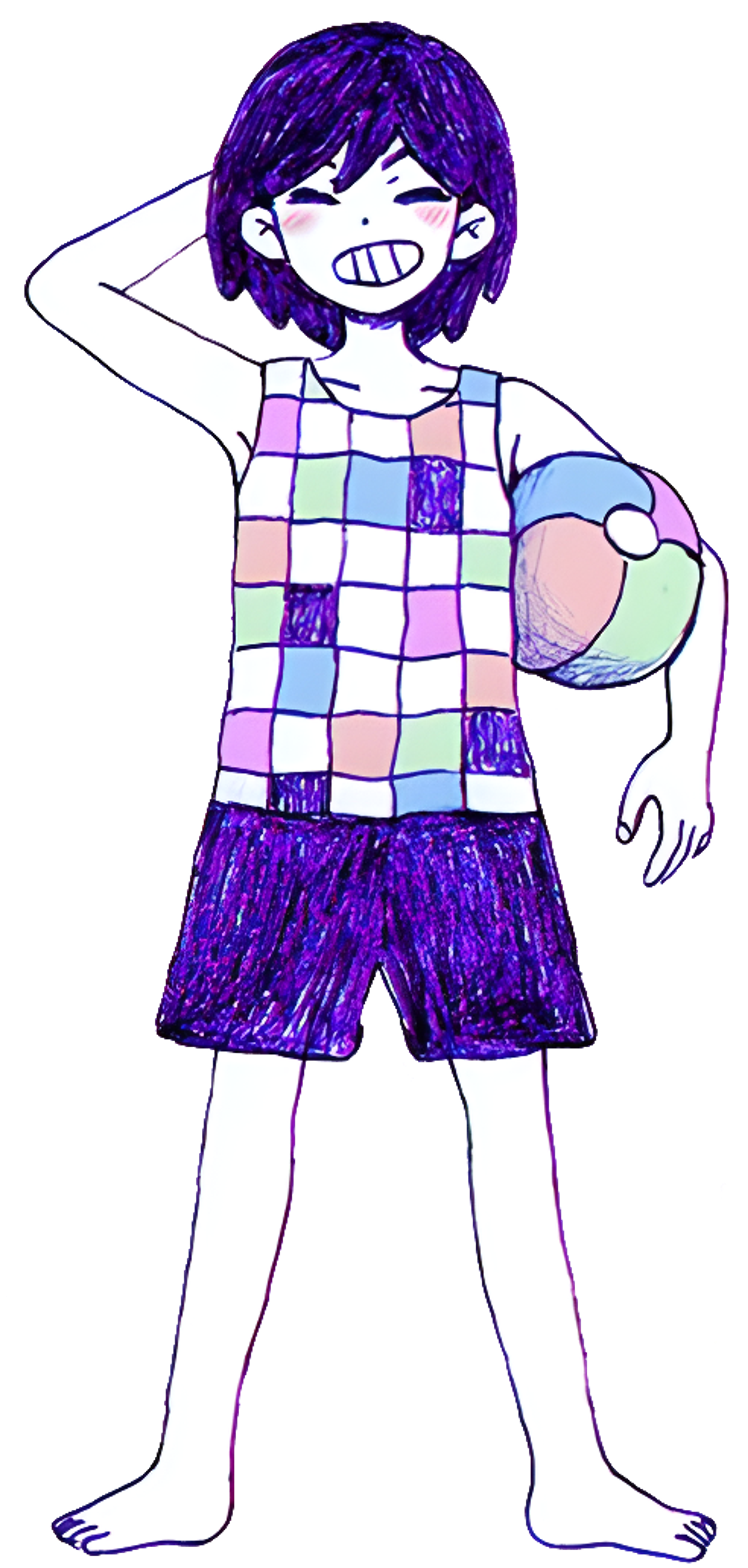 A cheerful, energetic-looking teenage character with purple hair and a checkered outfit.