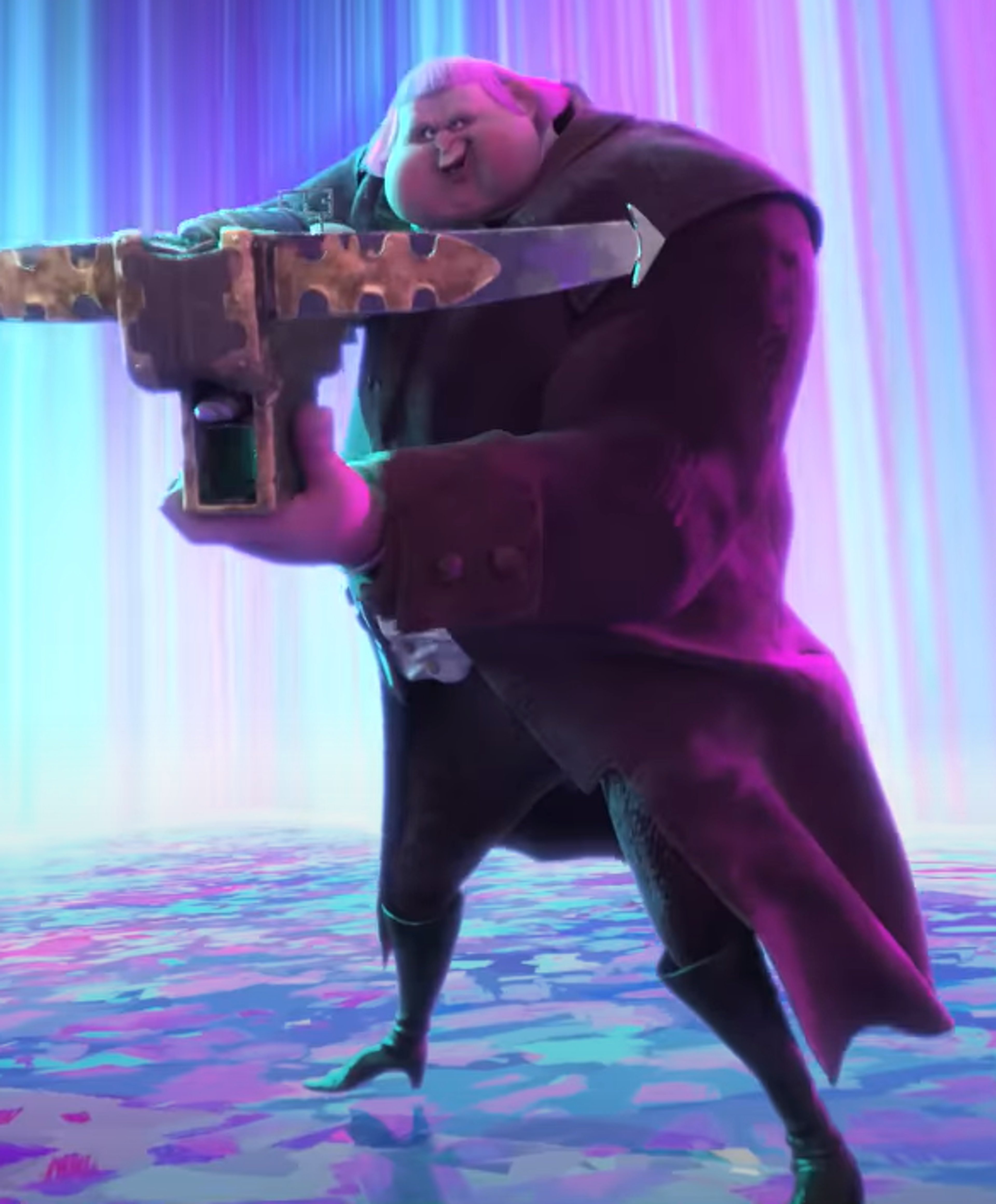 A morbidly obese, middle-aged man in a purple robe holding a magical staff or scepter