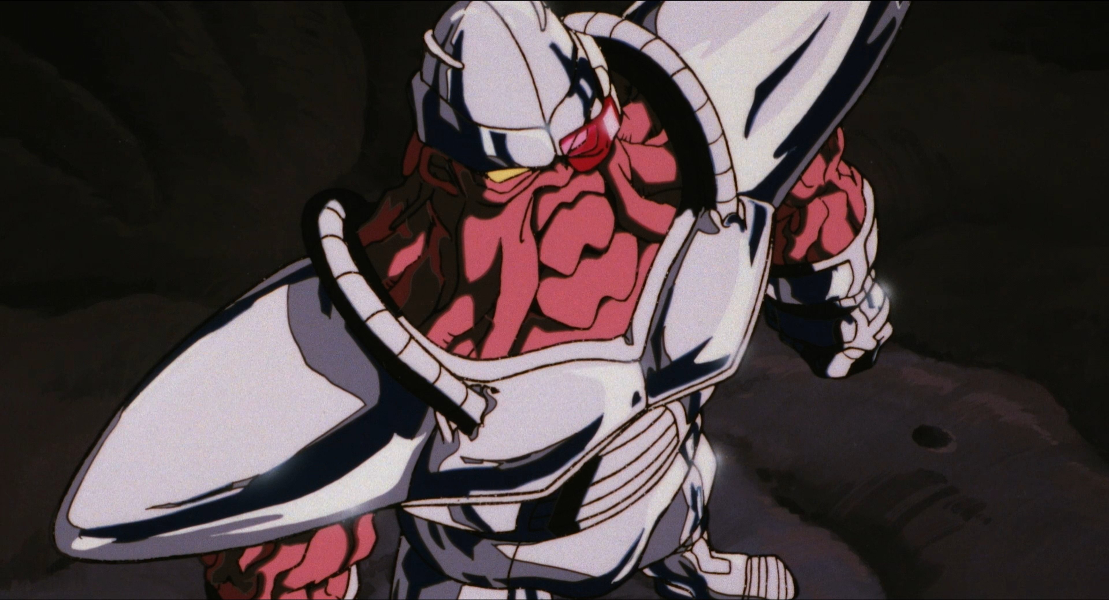 A cyborg-like character with a body covered in mechanical parts and exposed organic sections