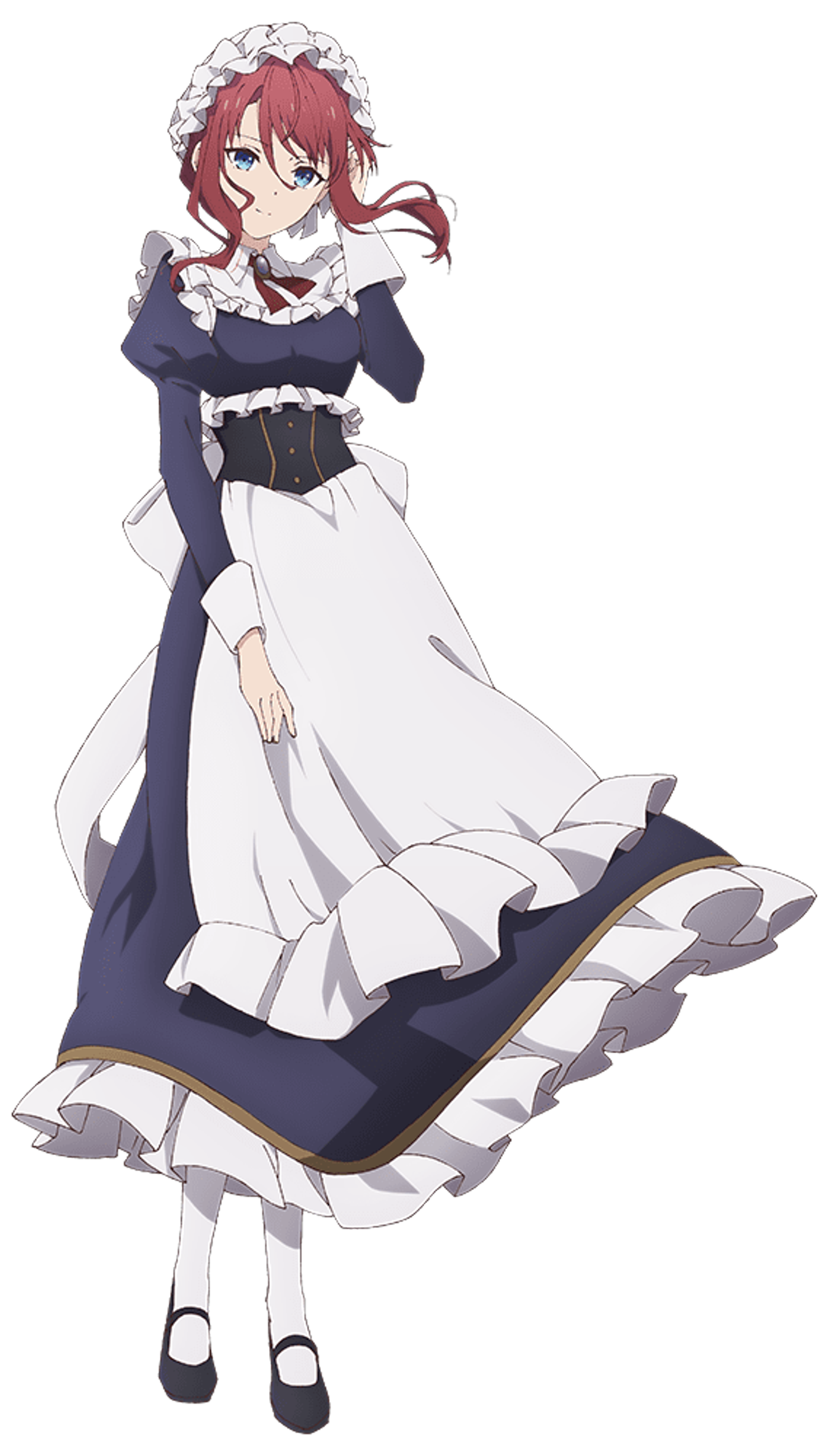 A young woman in a maid uniform with long red hair and aqua eyes