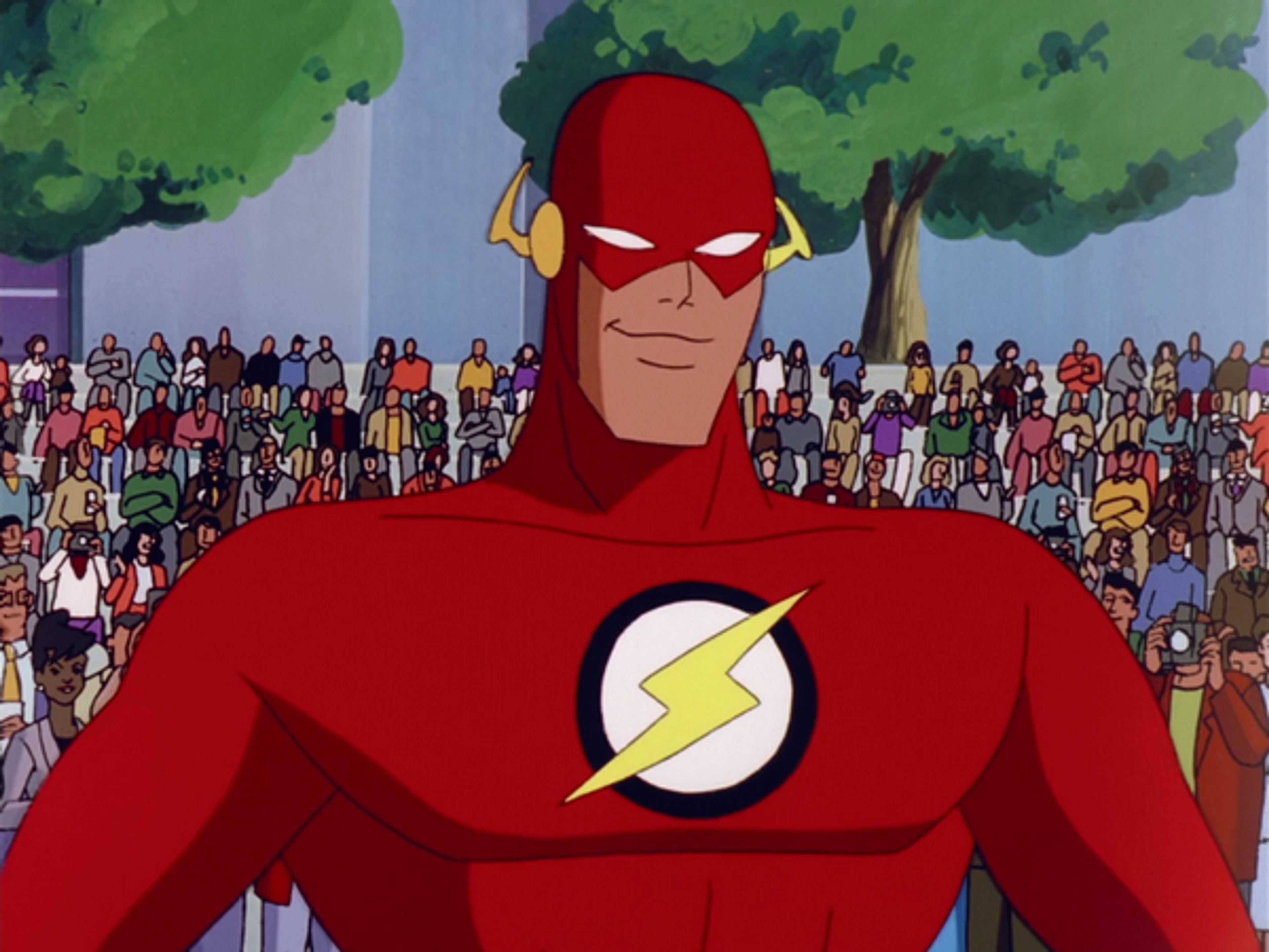A superhero in a red costume with a lightning bolt symbol on his chest, standing in front of a crowd.