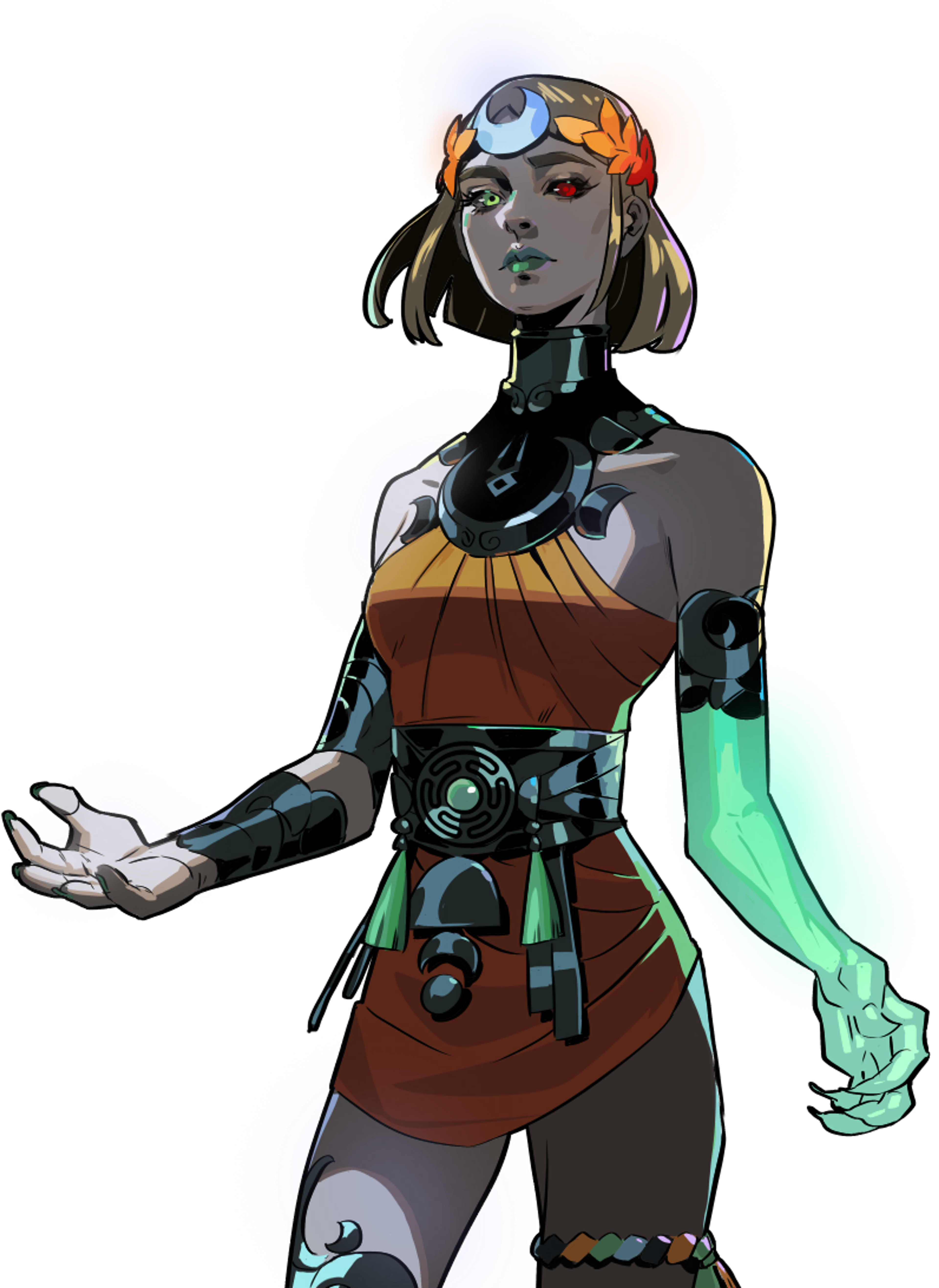 A detailed, stylized character with heterochromatic eyes, a glowing left arm, and a laurel wreath that glows like embers.