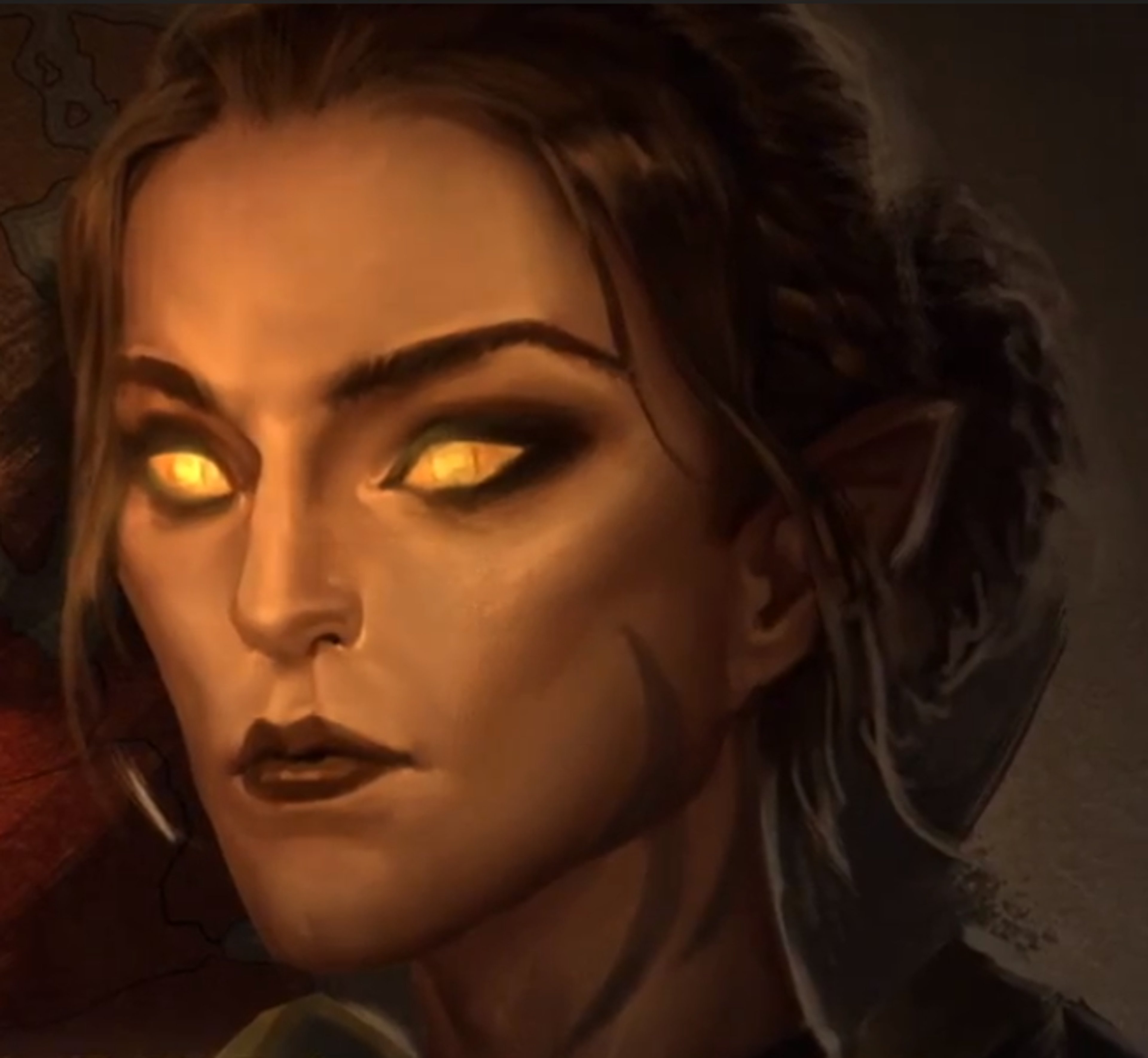 A serious-looking female character with an ornate headdress or crown